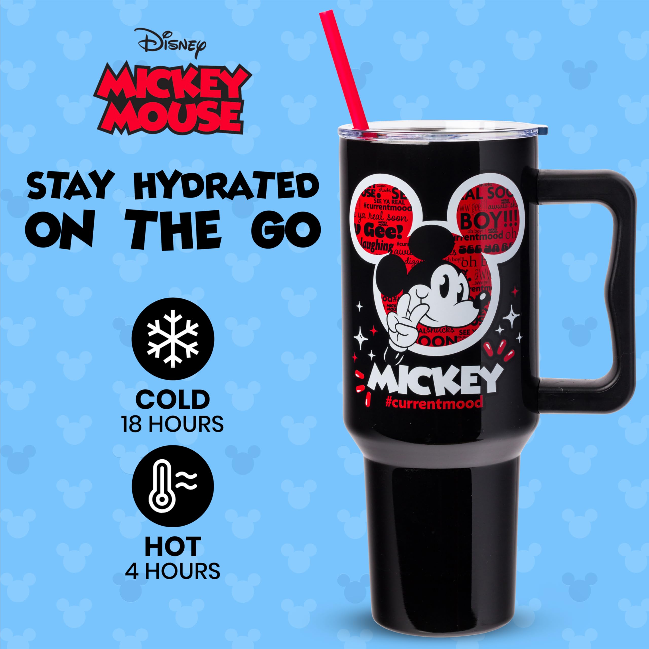 Silver Buffalo Disney Mickey Mouse Trinkglas, Edelstahl, 1.134 g | Classic Hashtag Current Mood #currentmood, doppelwandig, Griff, Strohhalm, passt in Standard-Becherhalter, 1,18 Liter