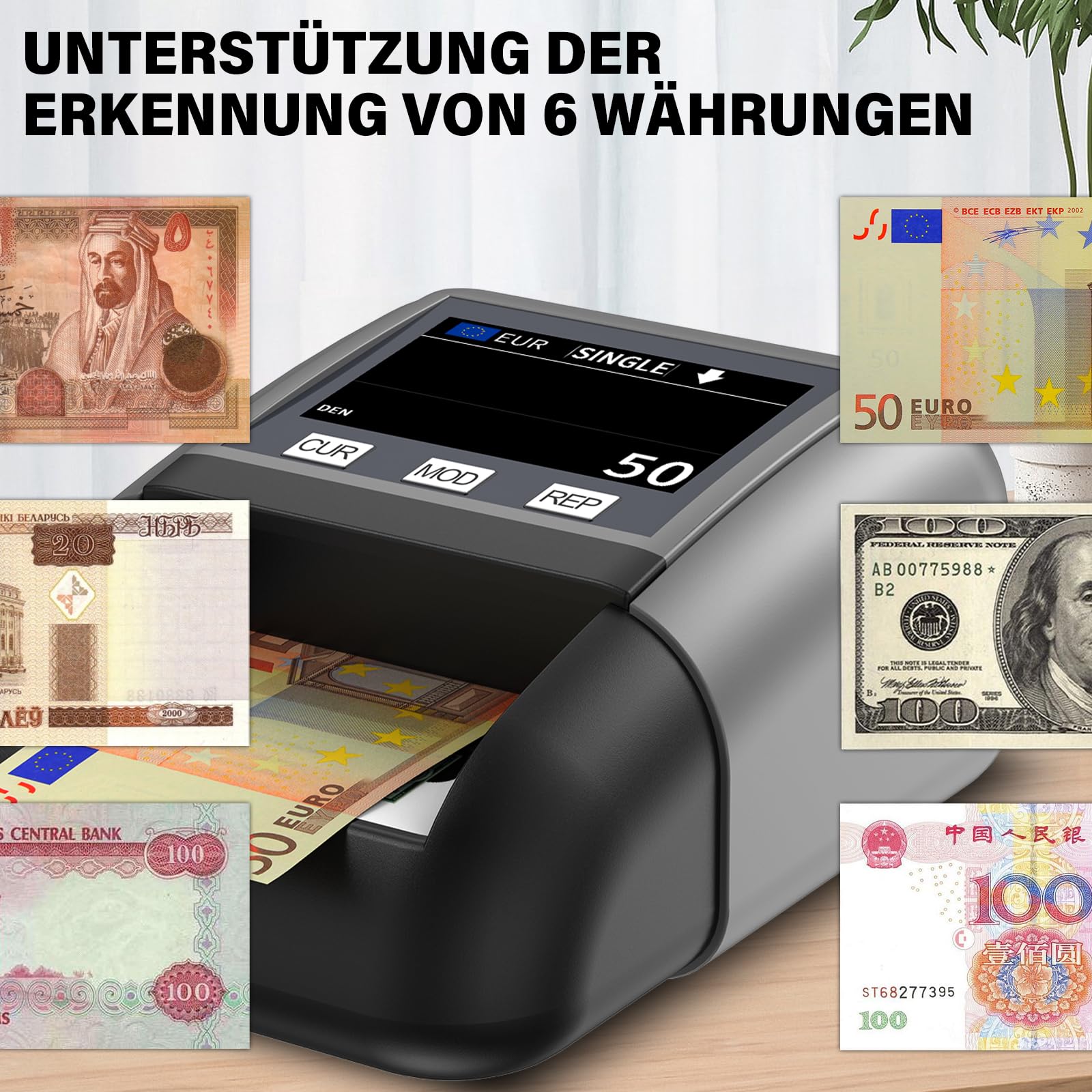 Geldscheinprüfer & Zählmaschine AL-130A – UV/MG/IR-Erkennung, LED-Display, Wiederaufladbarer Akku (500mAh), Für Euro, Dollar & Pfund, Inkl. Ladegerät