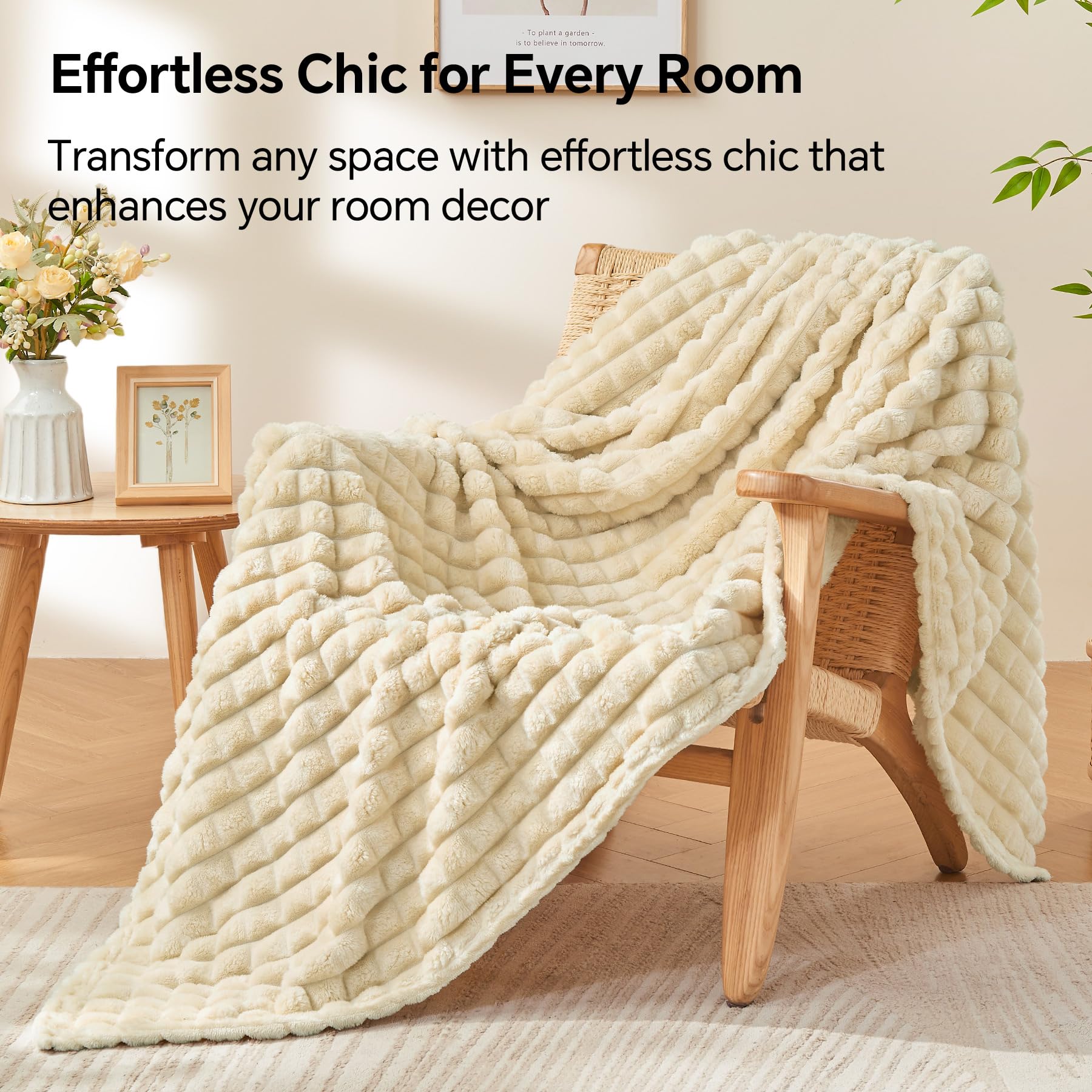 BEDELITE Fluffy Fleece Throw Blanket - Beige Sofa Throw Checkered Design Soft Cosy Warm Small Blankets for Single Bed Gifts for Women - Image 4
