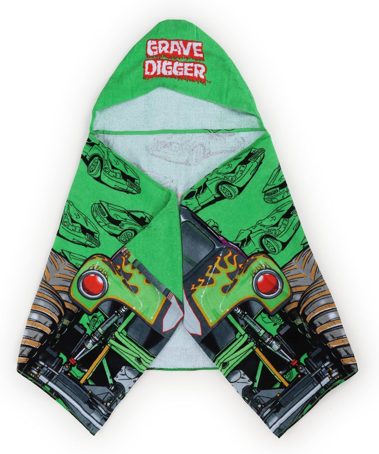 Jay Franco Kids Hooded Towel – 22" x 51" Super Soft Bath Wrap with 3D Hood, Beach, Pool & Travel, Official Licensed Product, Green - Monster Jam Grave Digger