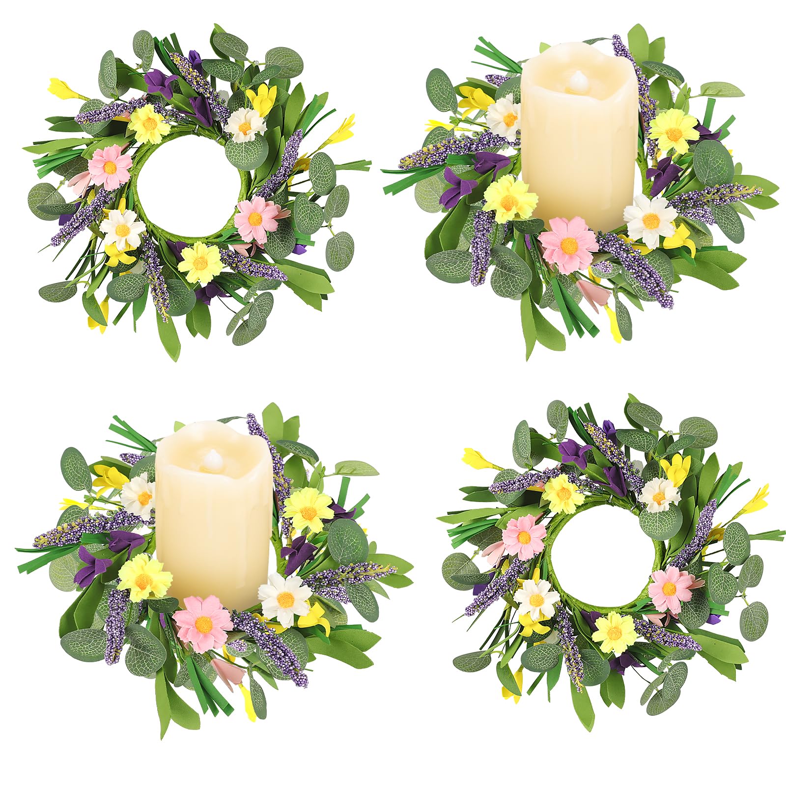 Sariiraw 4 Pcs Spring Candle Rings Wreaths, 3.6 Inch Mini Artificial Floral Daisy Wreath for Pillar Candles, Spring Summer Home Kitchen Cabinet Tabletop Decoration, Wedding Party Candelabra Holder