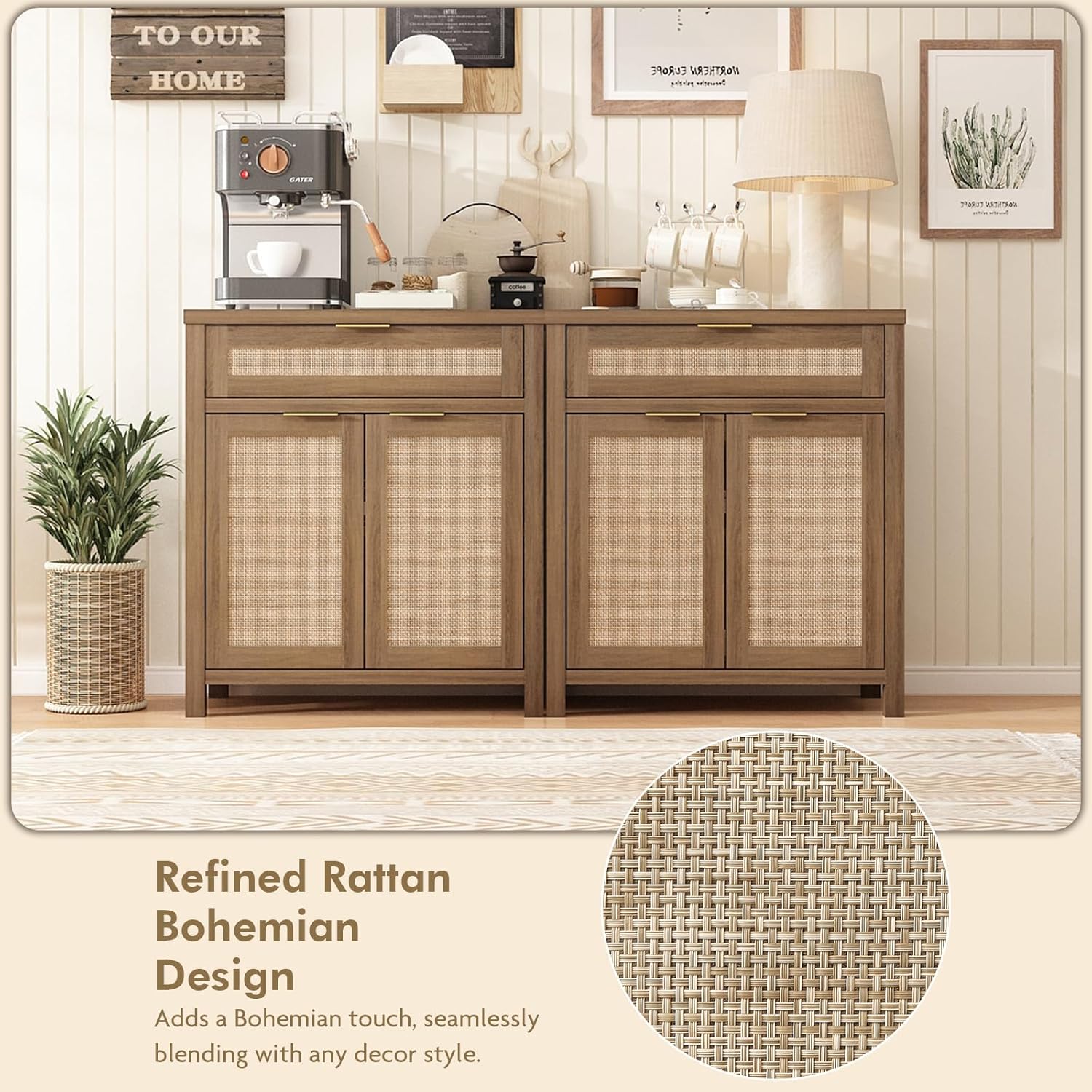 Sideboard Buffet Cabinet with Storage - 30" Rattan Boho Console Cabinets with Drawers, Mid Century Coffee Bar Cabinet for Entryway Living Room, Caramel Oak, Two Doors, Set of 2