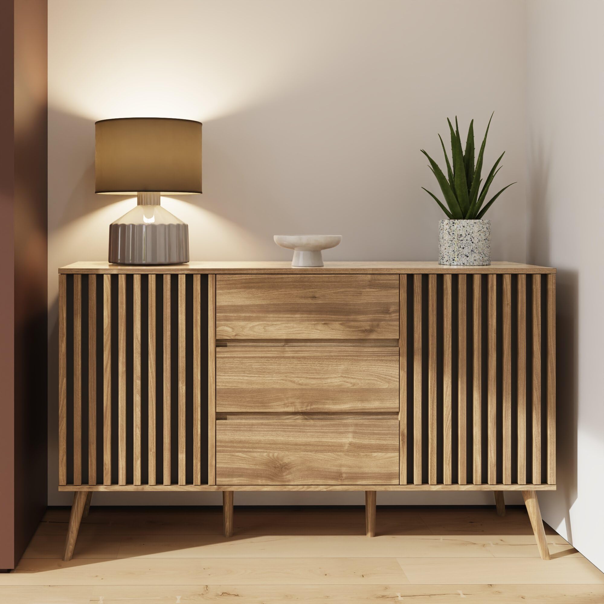 GFW Rowan Oak Large Sideboard, Modern Storage Cabinet with 5 Compartments, Slatted Door Design and Display Top for Living Room & Dining Room