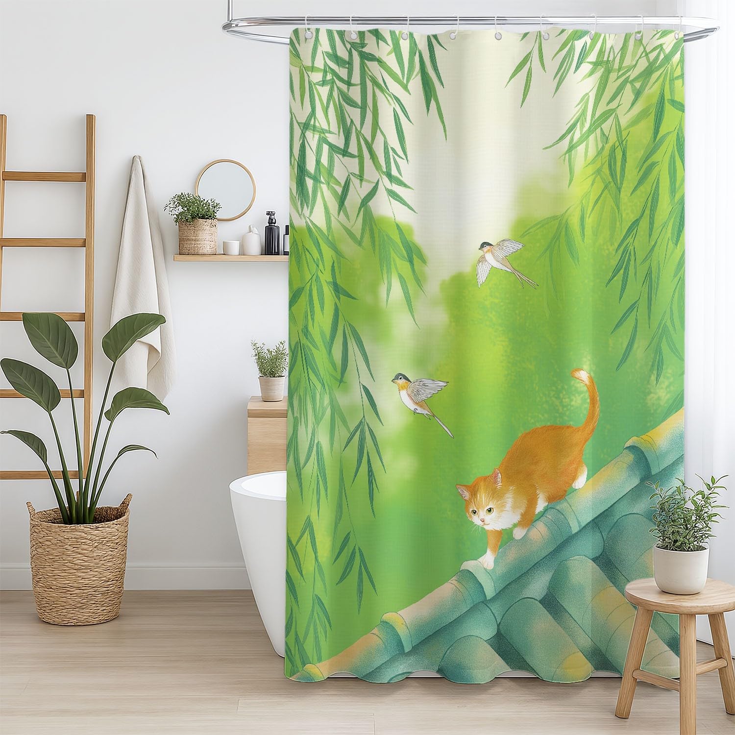 Genérico Zasłona prysznicowa 240 x 200 cm, 1 sztuka, miękka mikrofibra, wodoodporna i odporna na pleśń, zmywalna, do łazienki lub wanny, z oczkami i haczykami, zielony, kreskówka szczęśliwy kot
