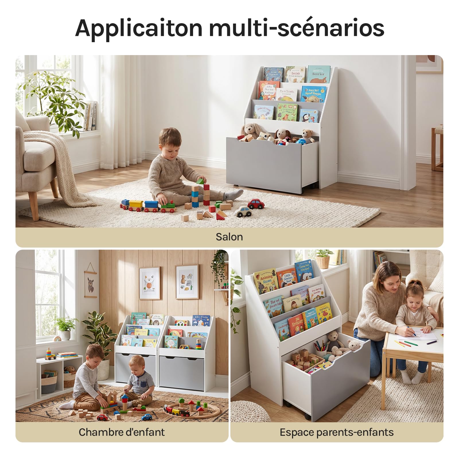 WOLTU Étagère à Livres pour Enfants Bibliothèque en MDF Boîte de Rangement avec 3 Compartiments et 4 roulettes intérieurs, Gris et Blanc