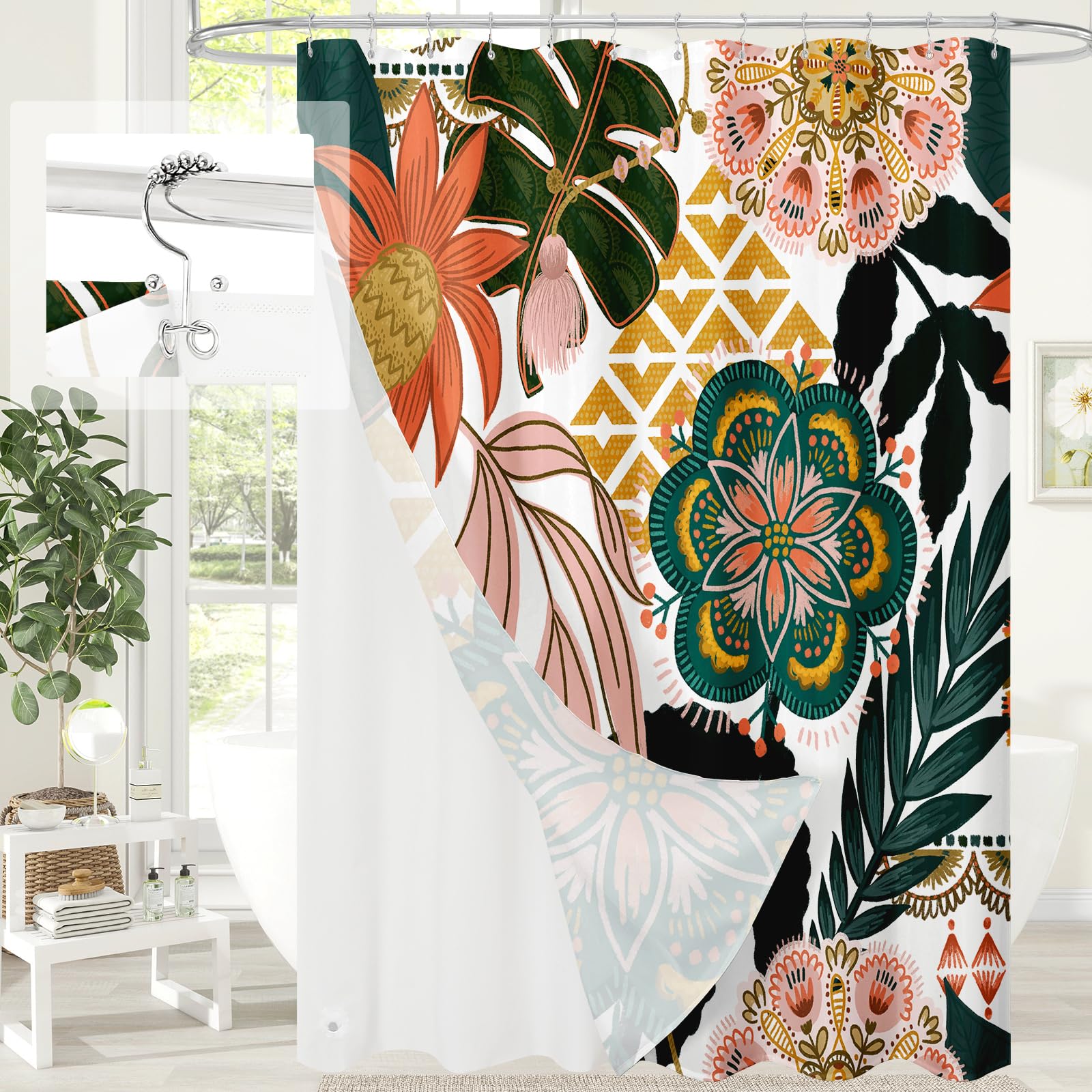 3 in 1 Pink Floral Shower Curtain Set with PEVA Liner &amp; 12 Hooks, 72 x 72