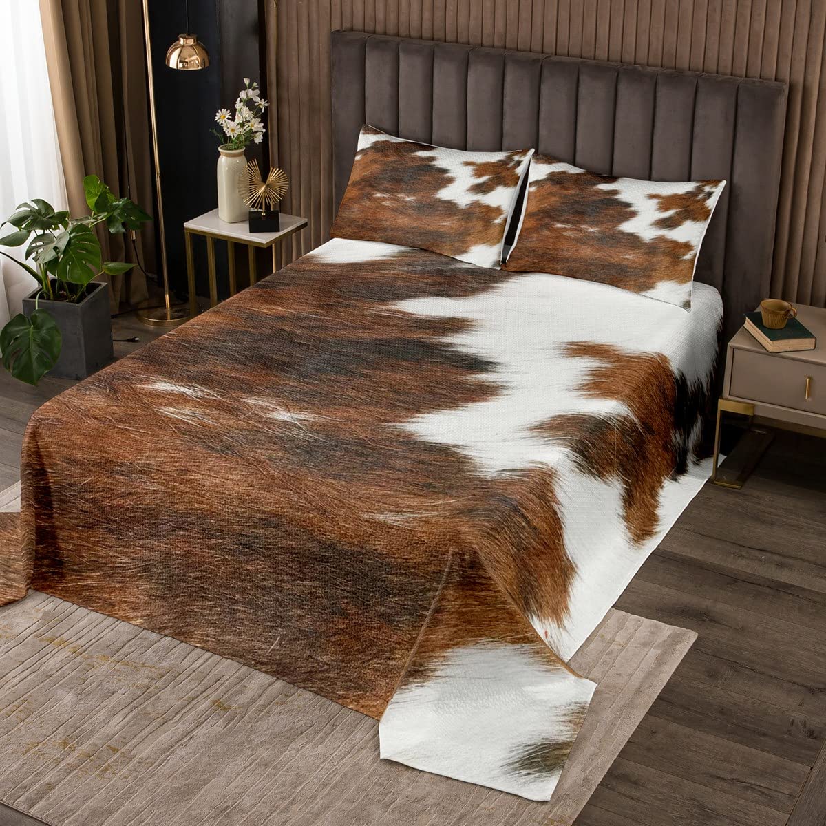 Loussiesd Kuhhaar Tagesdeck 220x240cm Wohndecke Kinder Braun Weiß Kuhfell Steppdecke Damen Herren Ultra Weich Tierhaut Dekor Bettüberwurf Mikrofaser Bauernhaus Rustikal Schlafzimmer