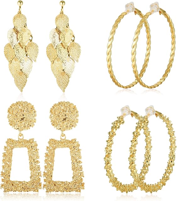 Kakonia 4 Pairs Clip on Earrings for Women Chunky Leaf Geometric Clip on Drop Hoop Earrings Silver Gold Clipon Fake Earrings Non Piercing Dangle Hoop Earrings