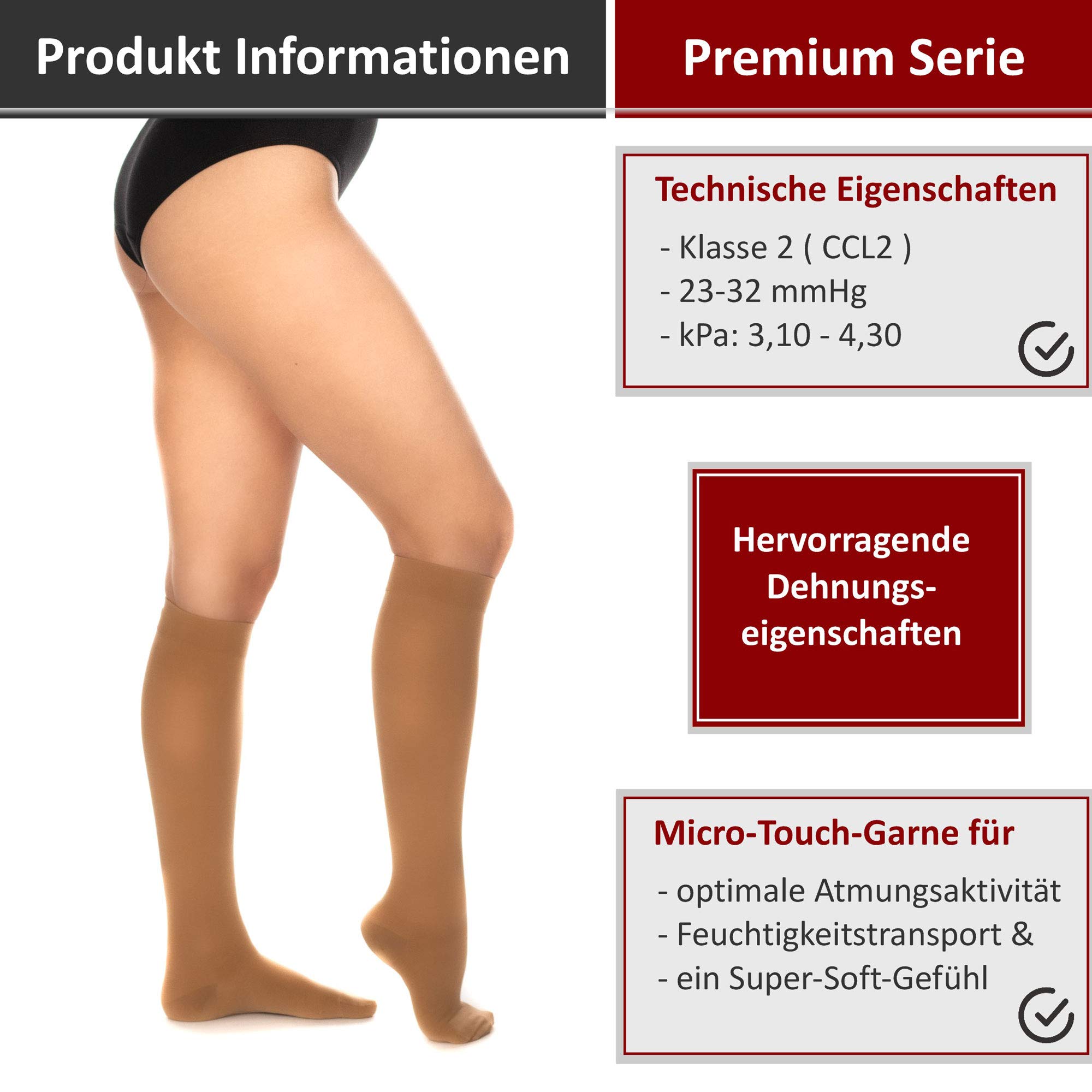 RIEMTEX medizinische Kompressionsstrümpfe Klasse 2 CCL2 23-32 mmHg Wadenstrümpfe für Damen Geschlossene Spitze PREMIUM Serie 3211a (Größe 2, Caramell)