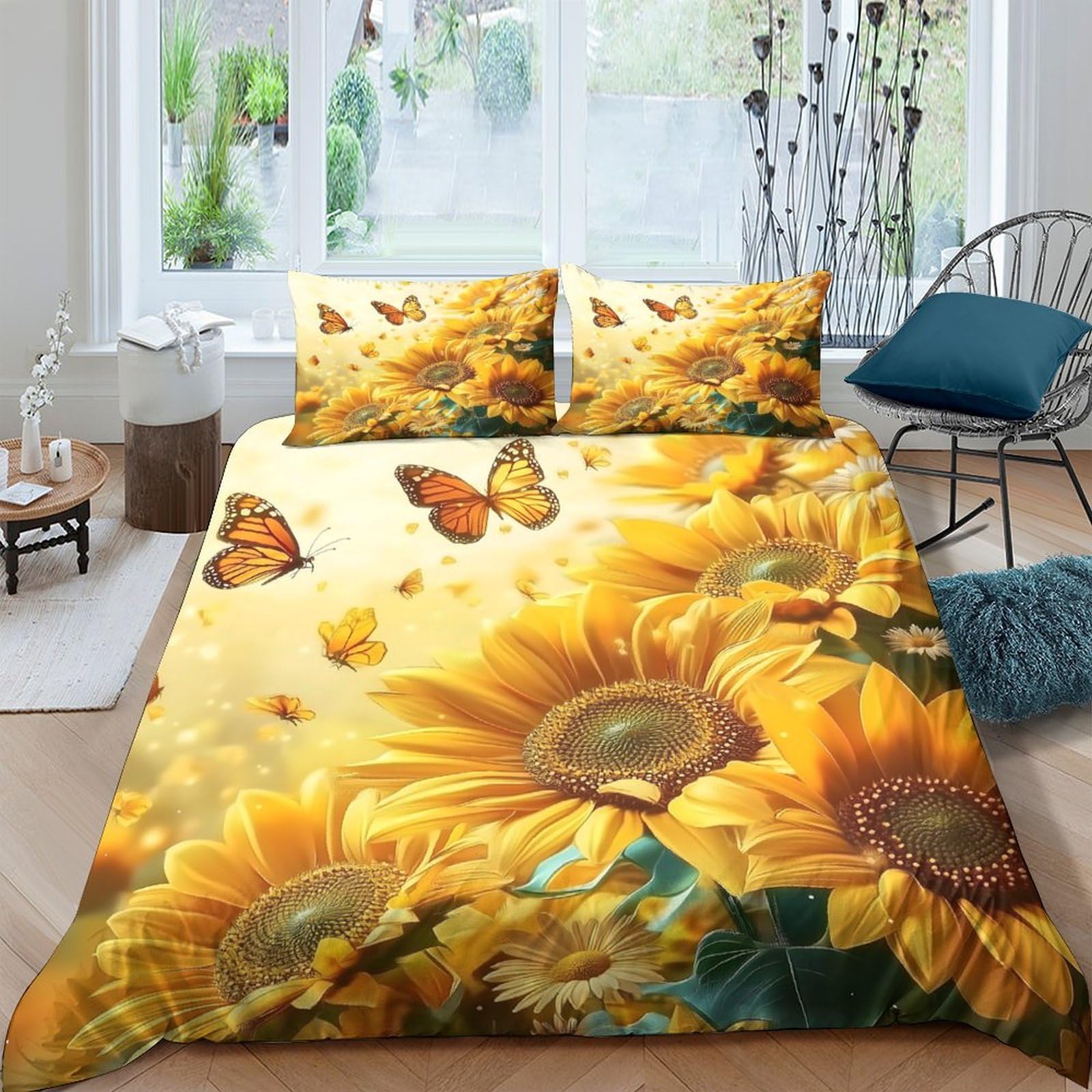 Ctjqhvkz Style-4 3D Printed Sunflower Butterfly Fitted Sheet Microfiber Soft Decor Bed Cover For Bedroom Guest Room Protection Single（135X200cm）