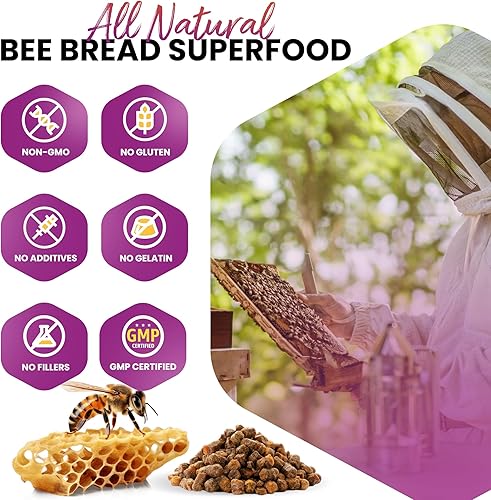 Miniatura 3 de HONEYBEEZONE Suplemento de pan de abeja, polen de abeja fermentado con perga de 500 mg, 60 cápsulas veganas, ambrosia, superalimento y salud de