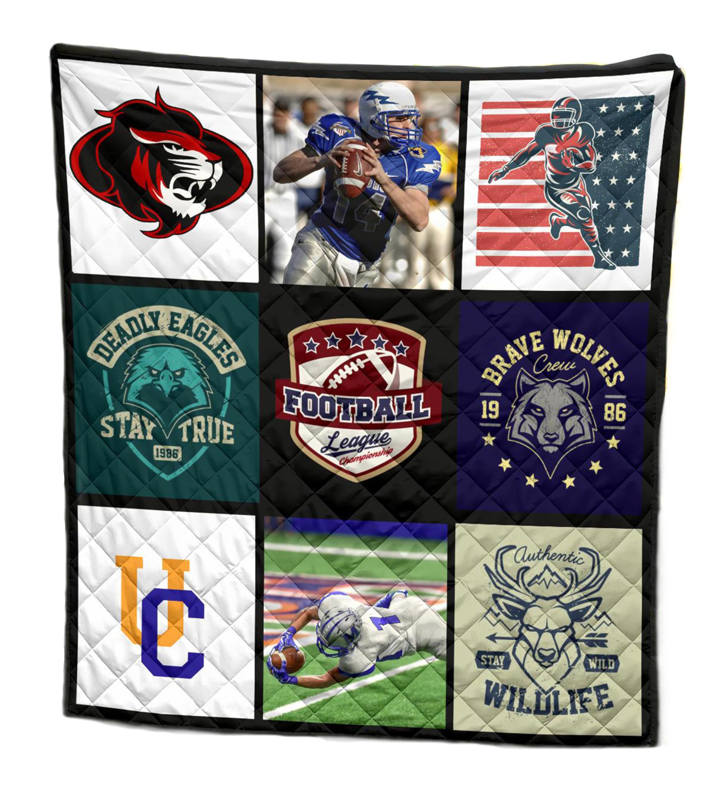 Custom Football Quilt Personalized Player and Team Blanket with Football Emblems Sports-Themed for Athletes and Fans (Crib Quilt 45x50)