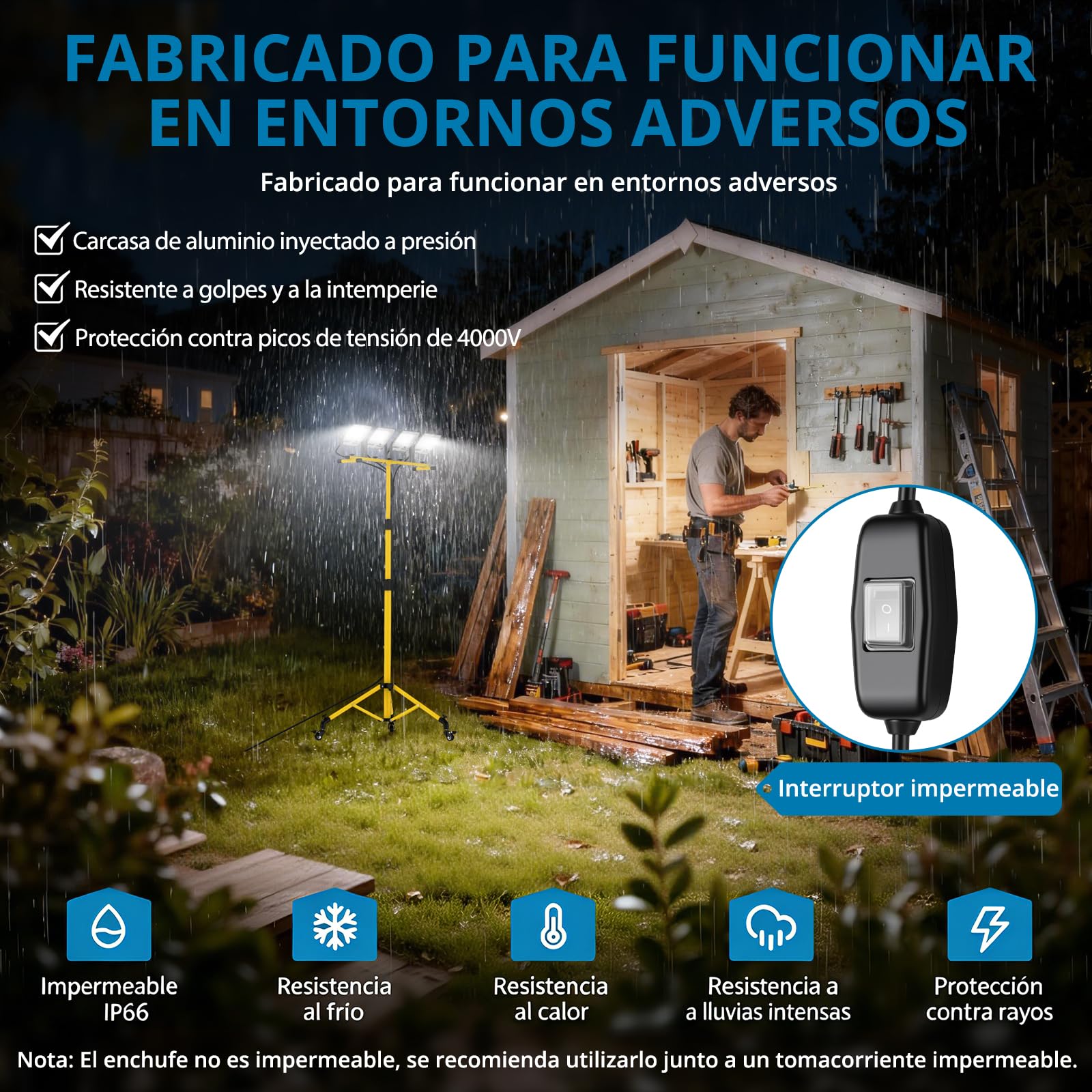 AUTOUTLET Foco de Trabajo Cabezales Rotación de 360° 6500K, Impermeable IP66 Con Cable 5m y Trípode Ajustable para Construcción,Acampada,Taller (4x70w)
