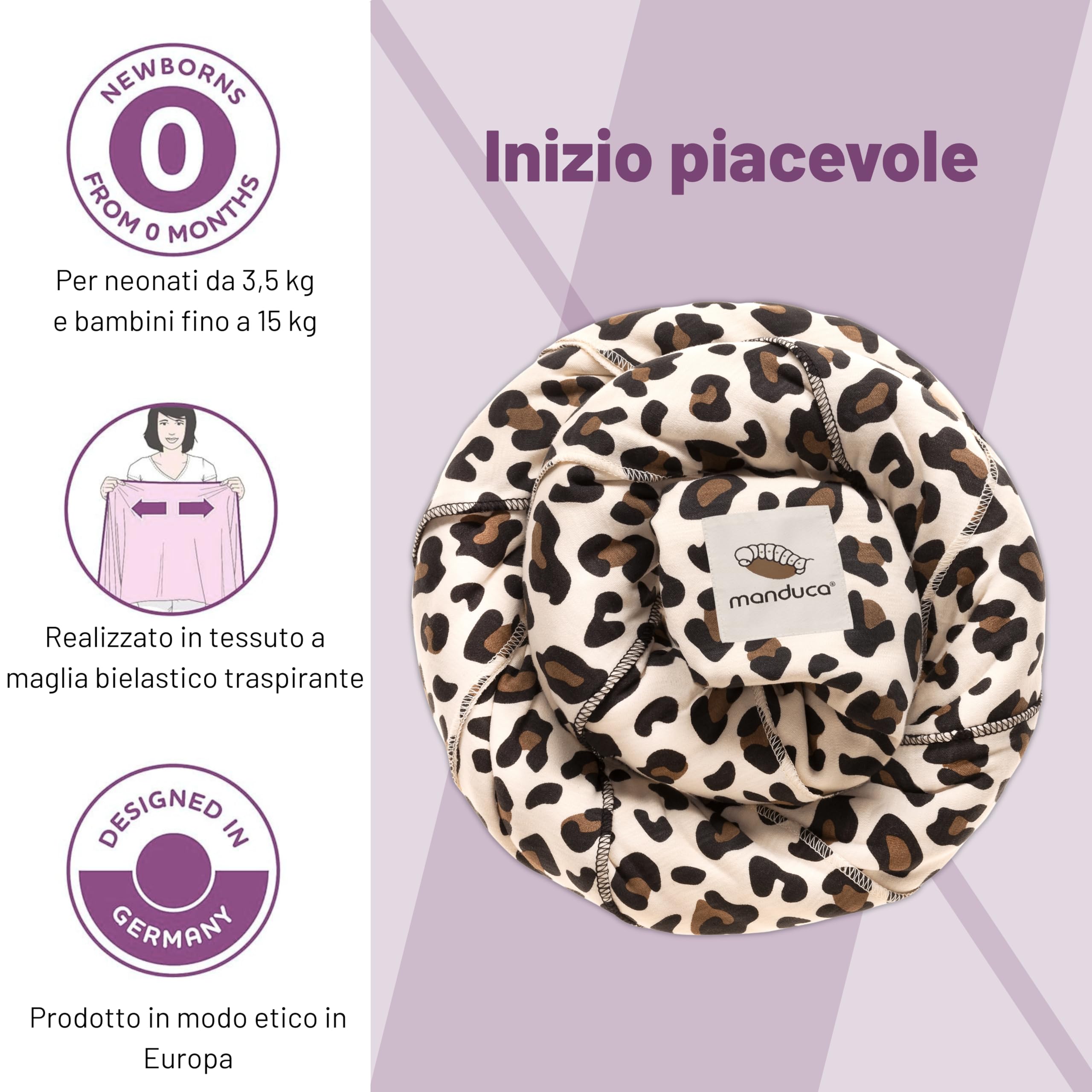 manduca Sling - Fasciatoio Neonato - Marsupio Elastico e per neonati dalla nascita fino a 15 kg - Puro cotone biologico - Leopardo