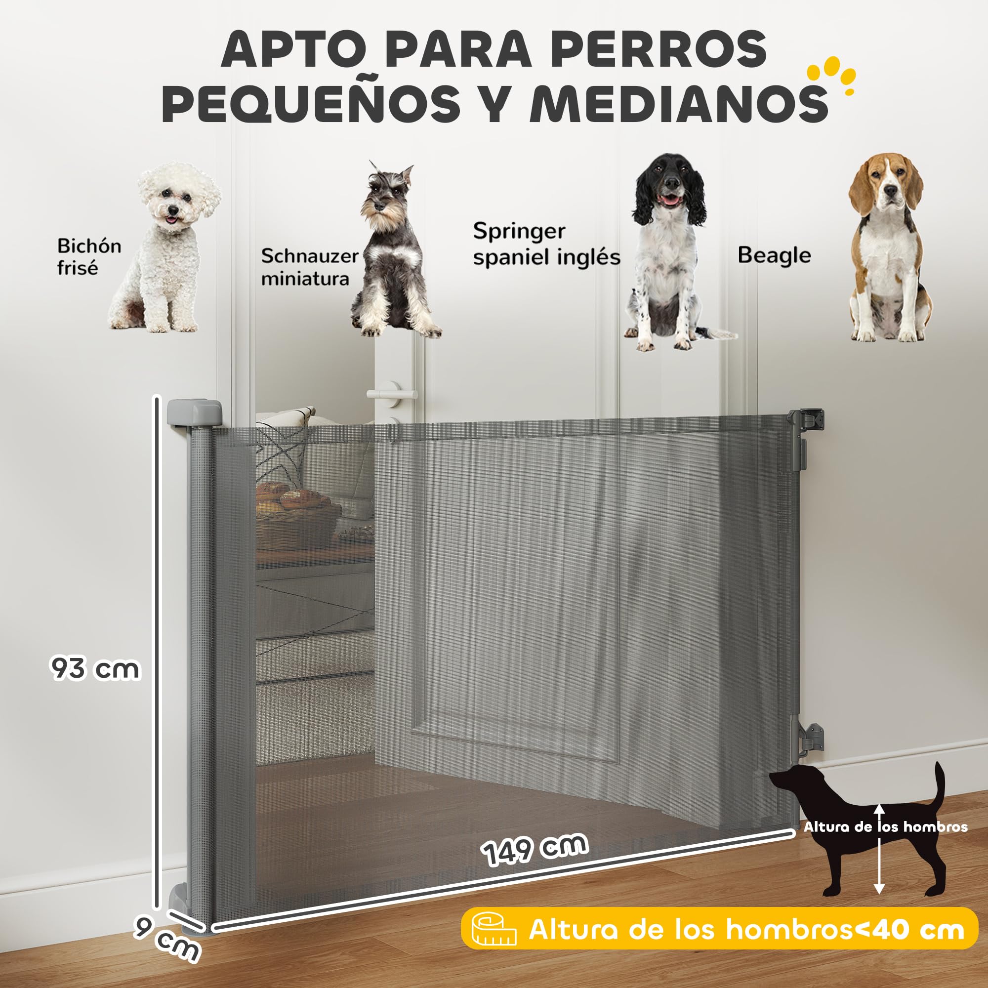 PawHut Barrera de Seguridad para Perros Retráctil, Extensible hasta 140 cm de Ancho y 93 cm de Alto, para Escaleras y Puertas, Valla para Perros Pequeños y Medianos, Uso con Una Sola Mano, Gris — view 3