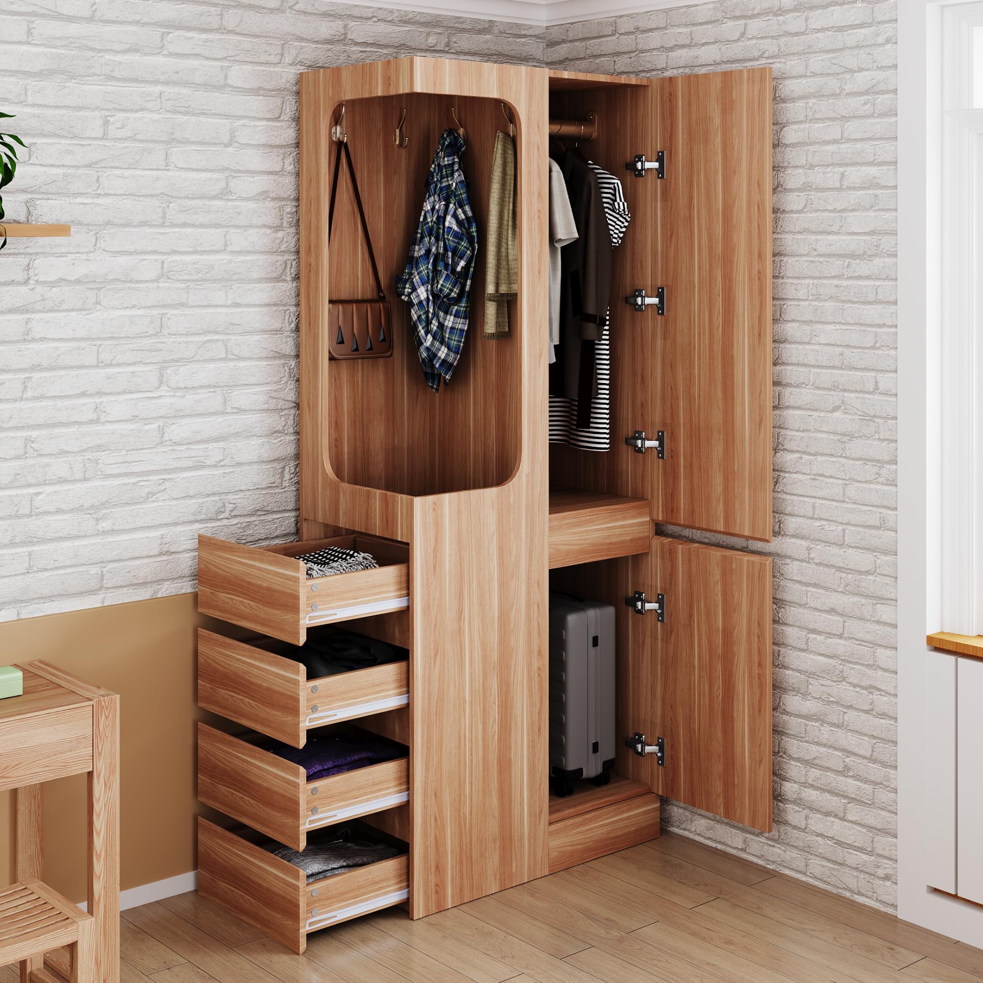 Armoire 70 x 40 x 170 cm, avec tiroirs, compartiments de rangement et espace vestiaire ouvert, peu encombrante pour chambre à coucher et couloir, couleur bois