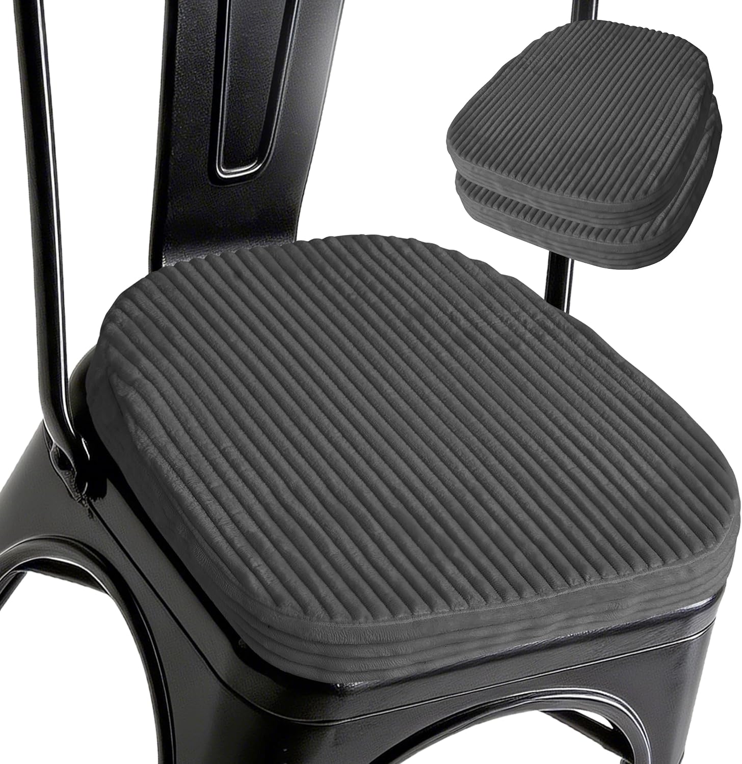 Corduroy Metal Chair Cushion Set of 2, 14"x14"x2" Dark Grey | Machine Washable Cover, U shaped, for Metal Dining Chairs, for Bistro, Dining Room, Kitchen, with Ties, Soft, Durable