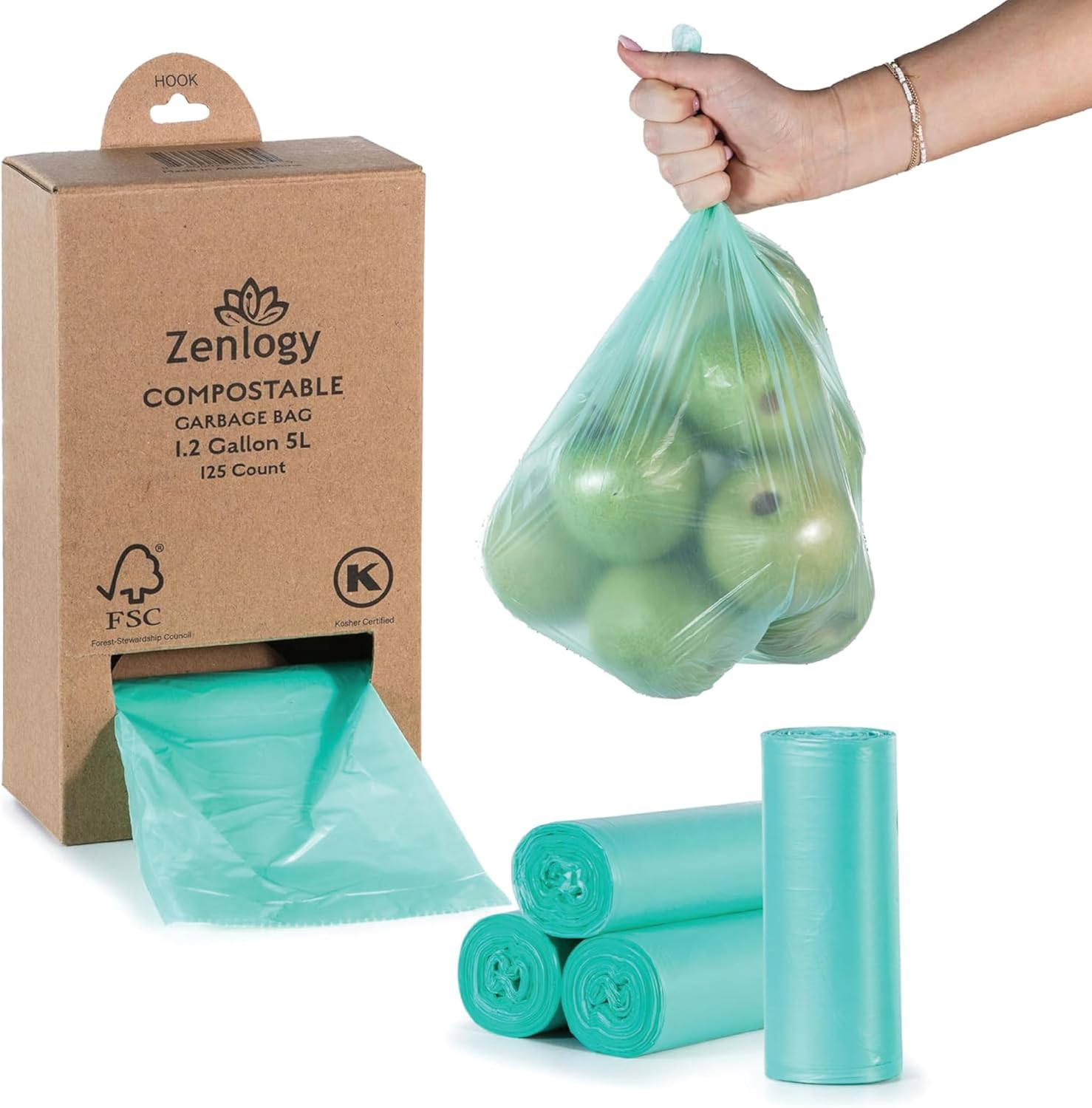 Zenlogy Compostable 1.2 Gallon Garbage Bag, Eco Friendly Small Trash Bags, Mini Biodegradable Waste Basket Bin Liners for Bathroom & Office, 125 Count