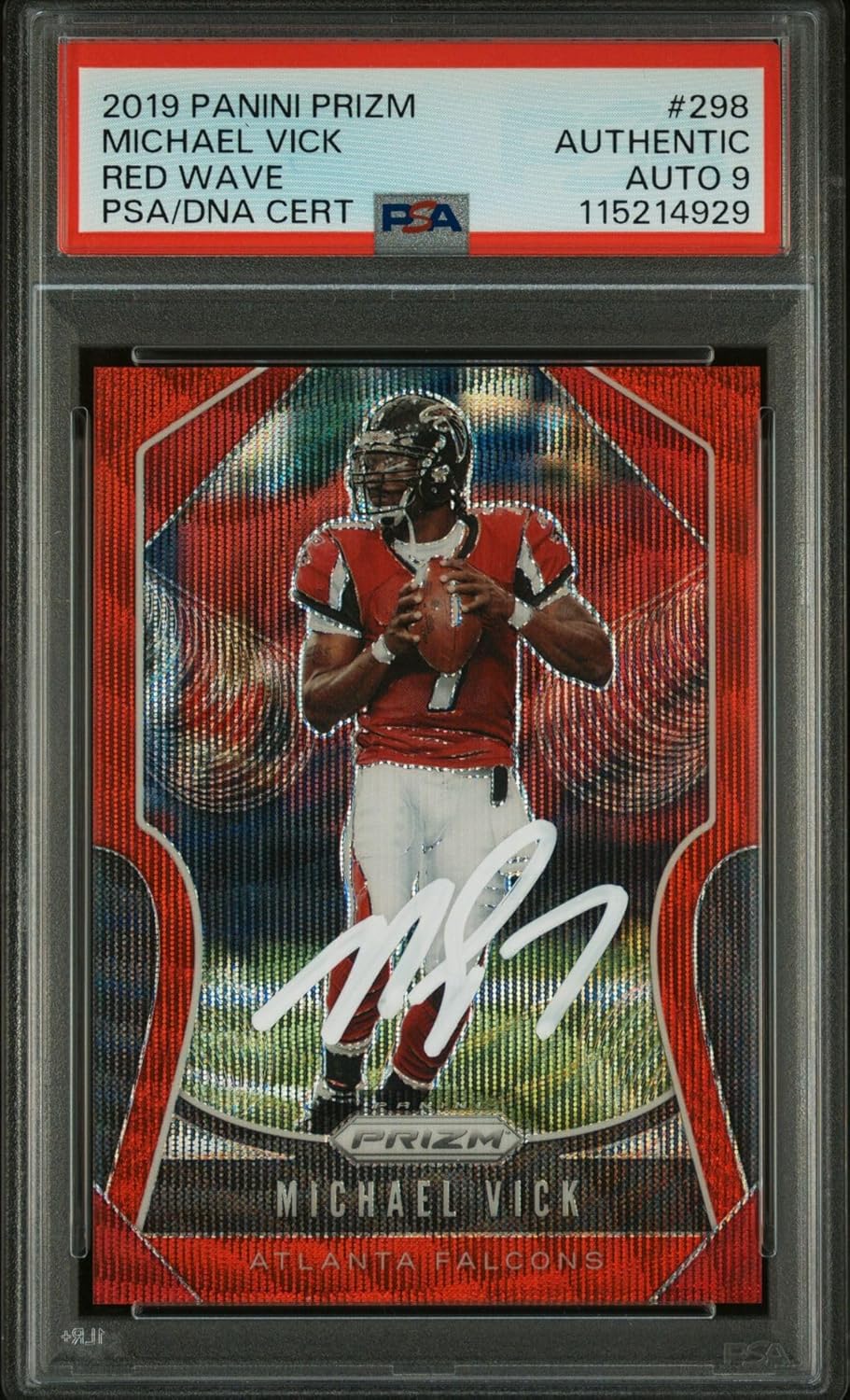 Michael Vick 2019 Panini Prizm Red Wave Signed Football Card #298 Auto Graded PSA 9 67/149 Cert # 115214929