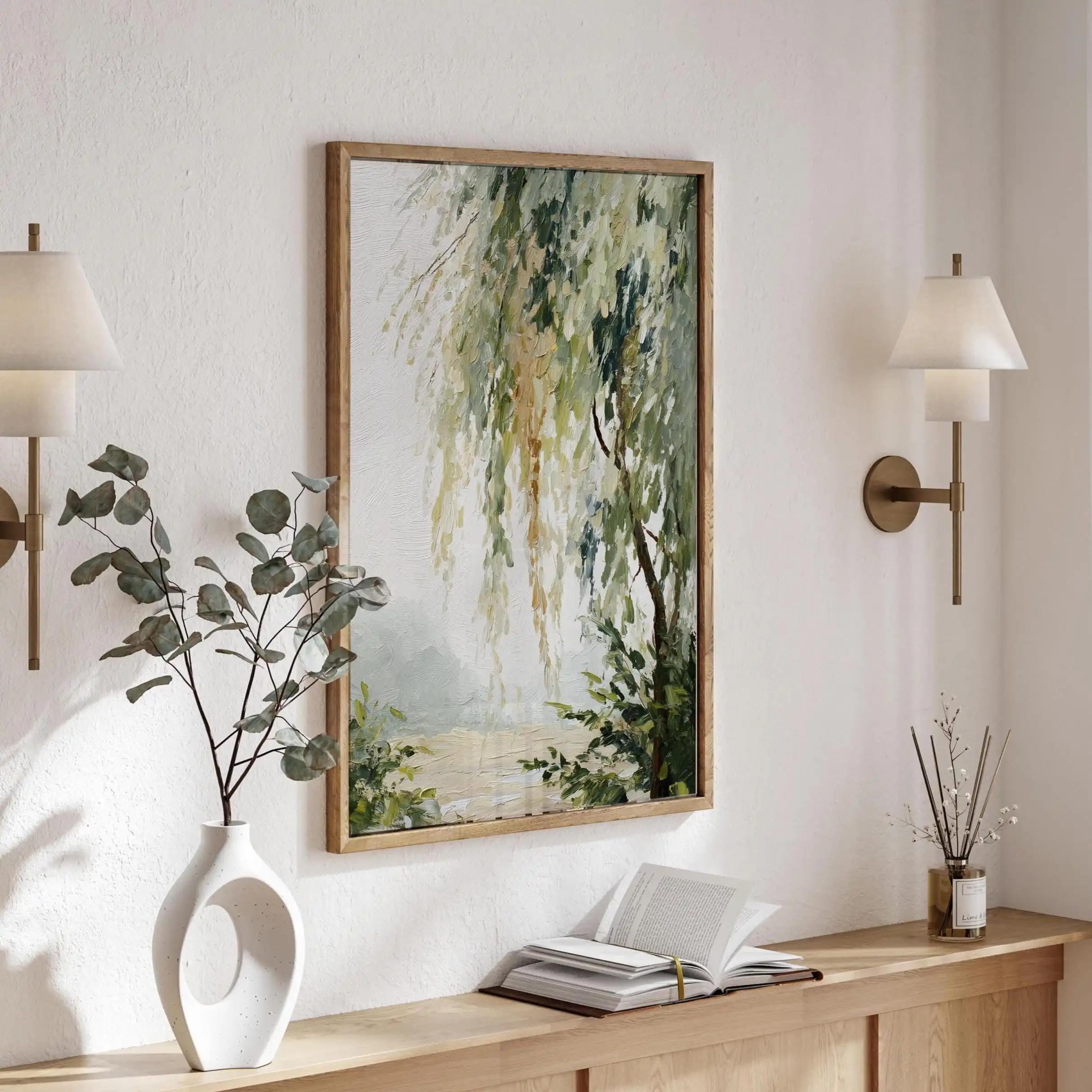 Póster artístico Willow Tree Countryside, arte para sala de estar en verde salvia, arte para dormitorio en verde oscuro, impresiones en lienzo (30x40cm x 3/marco interno)