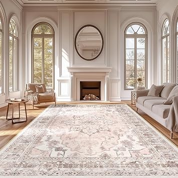 BESTSWEETIE Washable Boho 8x10 Area Rug for Living Room, Pink Beige Grey | Machine washable rug, distressed boho floral print, low-profile no-pile design for entryway, kitchen, bedroom, living room