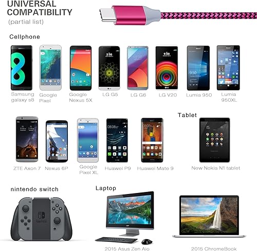 Miniatura 7 de Excgood Cargador tipo C de carga rápida, (paquete de 2, 10 pies + 6 pies), cable USB C, cable de carga rápida trenzado de nailon compatible con