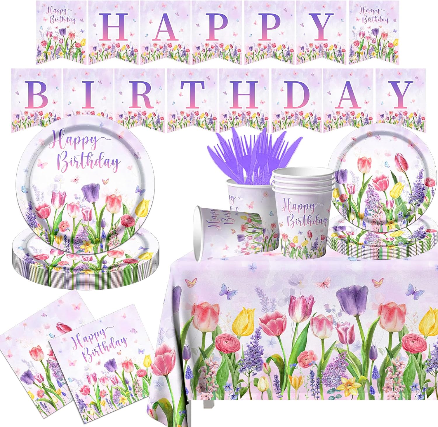 Floral Birthday Party Decorations - 142Pcs Wild Flower Tableware Set - Purple Tulip Plates and Napkins - Mother's Day, Women Birthday Disposable Supplies