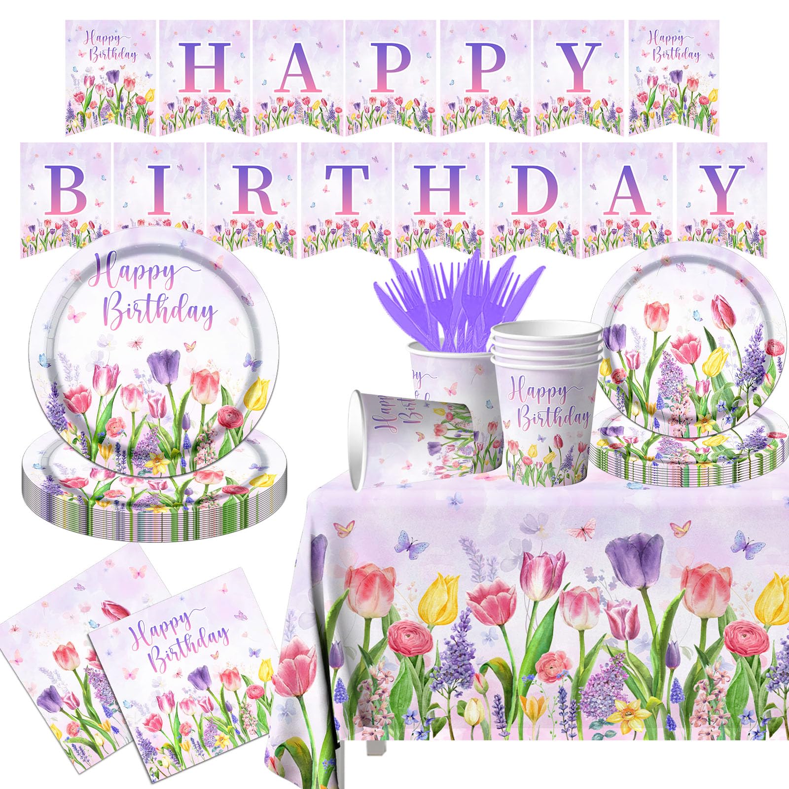 Floral Birthday Party Decorations-142Pcs Wild Flower Tableware Set Purple Tulip Floral Plates and Napkins Mother's Day Plate Tulip Floral Tablecloth for Mother's Day,Women Birthday Disposable Supplies