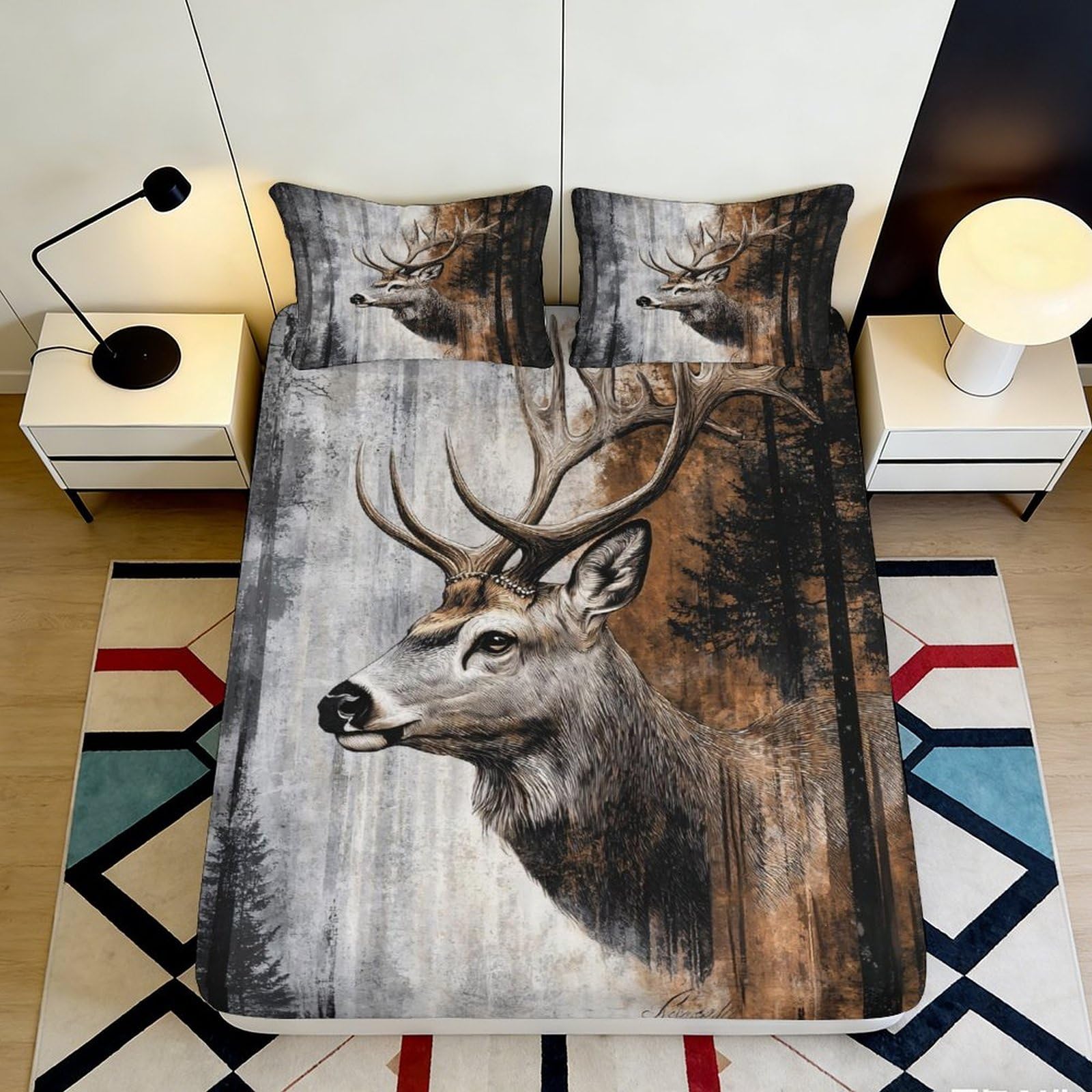 3D Printed Deer Forest Fitted Sheet Microfiber Non-Slip Stag Woods Mattress Cover Bedroom Guest Room Decor 90x200x25cm