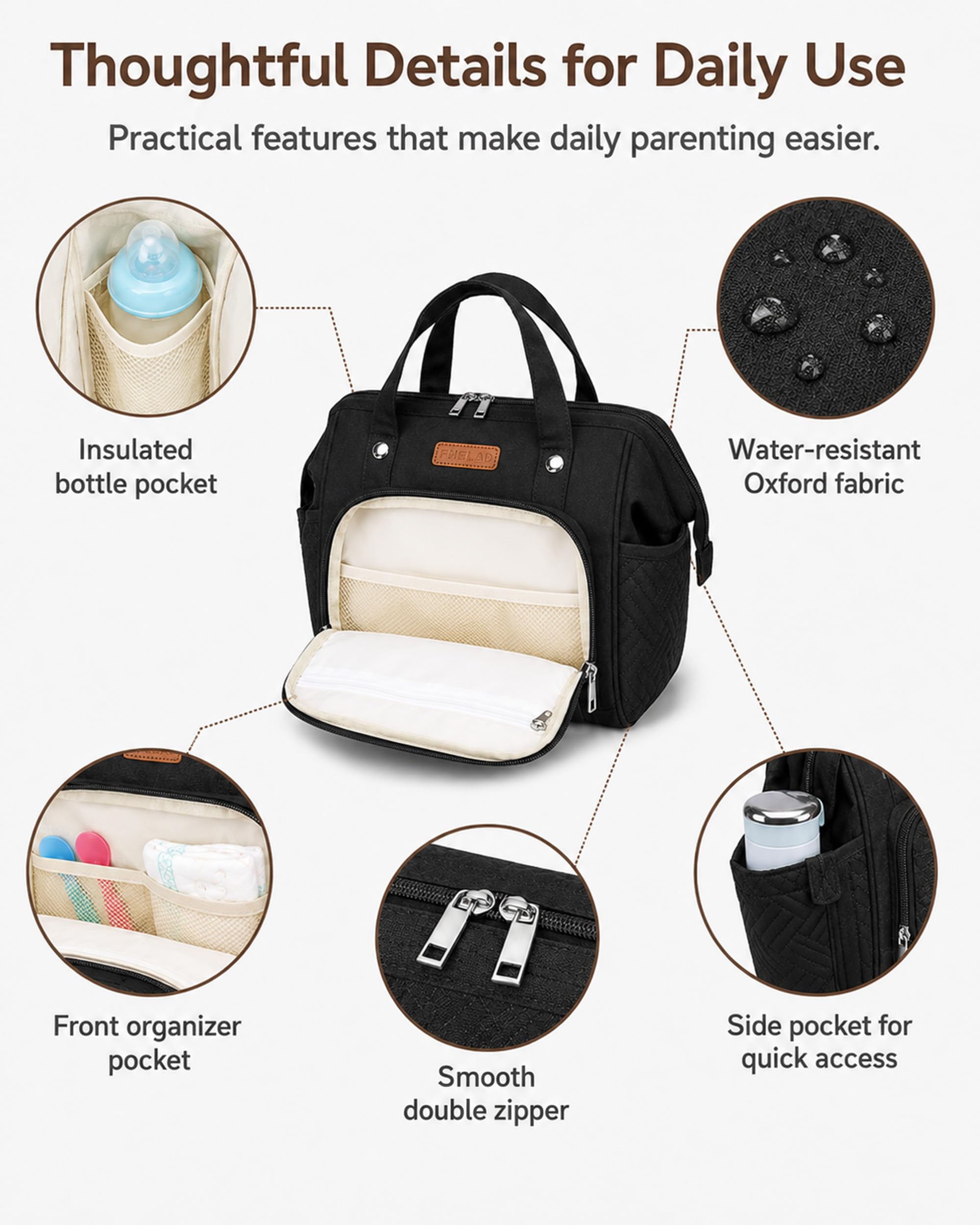 FHELAD Pequeña bolsa de pañales para mujer, mini bolsa de bebé 4 en 1 (negro)