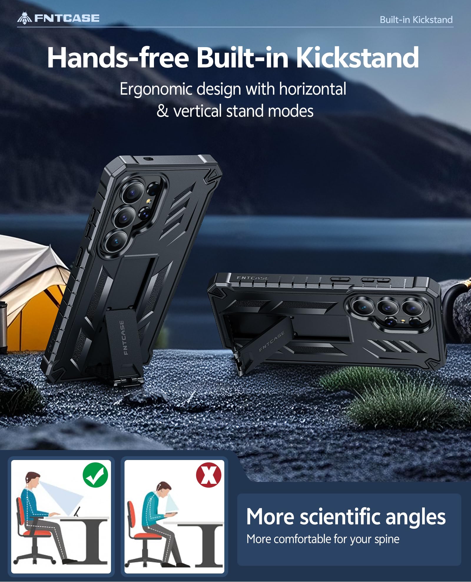 FNTCASE Etui do Samsung Galaxy S26-Ultra: z podpórką | 2 przednie ramki | wbudowana osłona ekranu klasy wojskowej ochrona przed upadkiem wytrzymałe etui ochronne na telefon do S26 Ultra 16.9 cm czarne