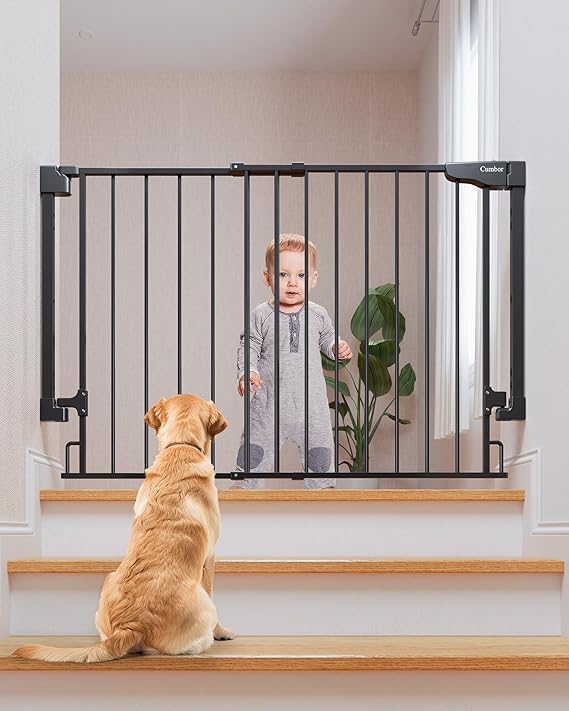 Cumbor 29.2–43" Baby Gate for Stairs, Wall-Mounted (Drill Required), Expandable No Bottom Bar Dog Gate, Auto Close Extra Wide Walk Thru, Pet & Toddler Proof Gate, Top & Bottom of Stairways(Black)