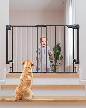 Cumbor 29.2–43" Baby Gate for Stairs, Wall-Mounted (Drill Required), Expandable No Bottom Bar Dog Gate, Auto Close Extra Wide Walk Thru, Pet & Toddler Proof Gate, Top & Bottom of Stairways(Black)