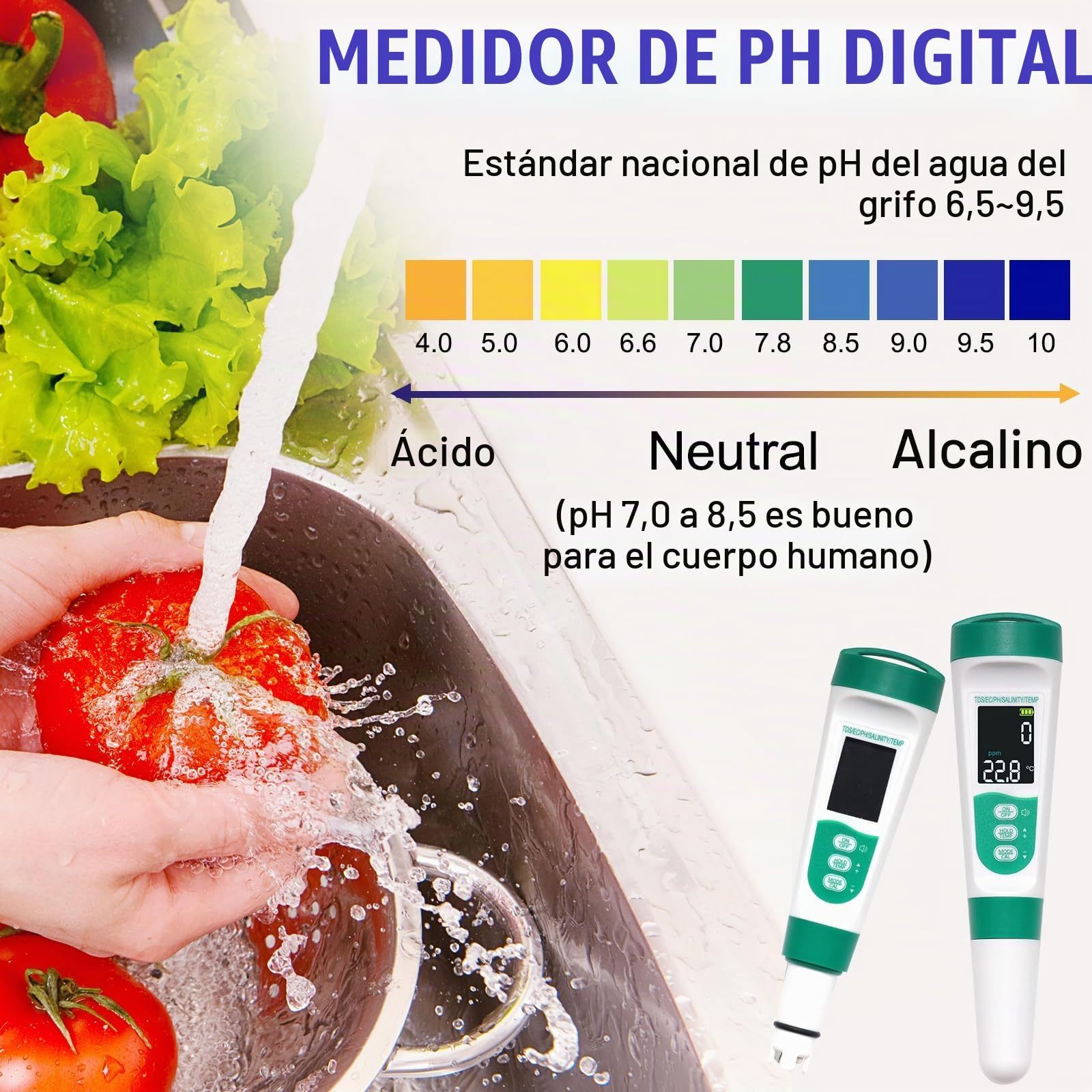 OBEST Medidor de pH Digital, pH/TDS/EC/Sal/Temp Medidor Agua Digital 5 en 1