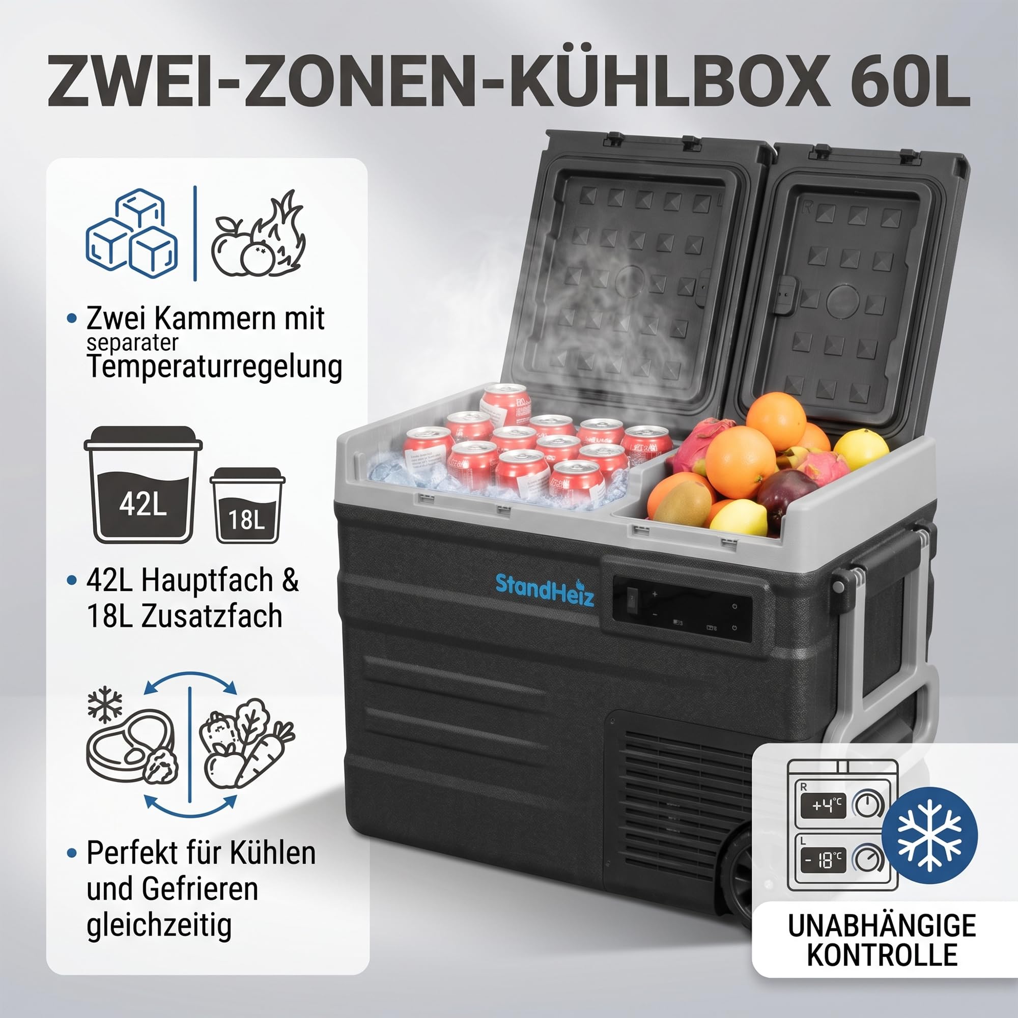 Przenośna lodówka kempingowa z kompresorem 60 l – kompaktowa lodówka podróżna do samochodów kempingowych z zamrażarką do -20 °C, 12 V, 24 V, 230 V, cicha i wydajna