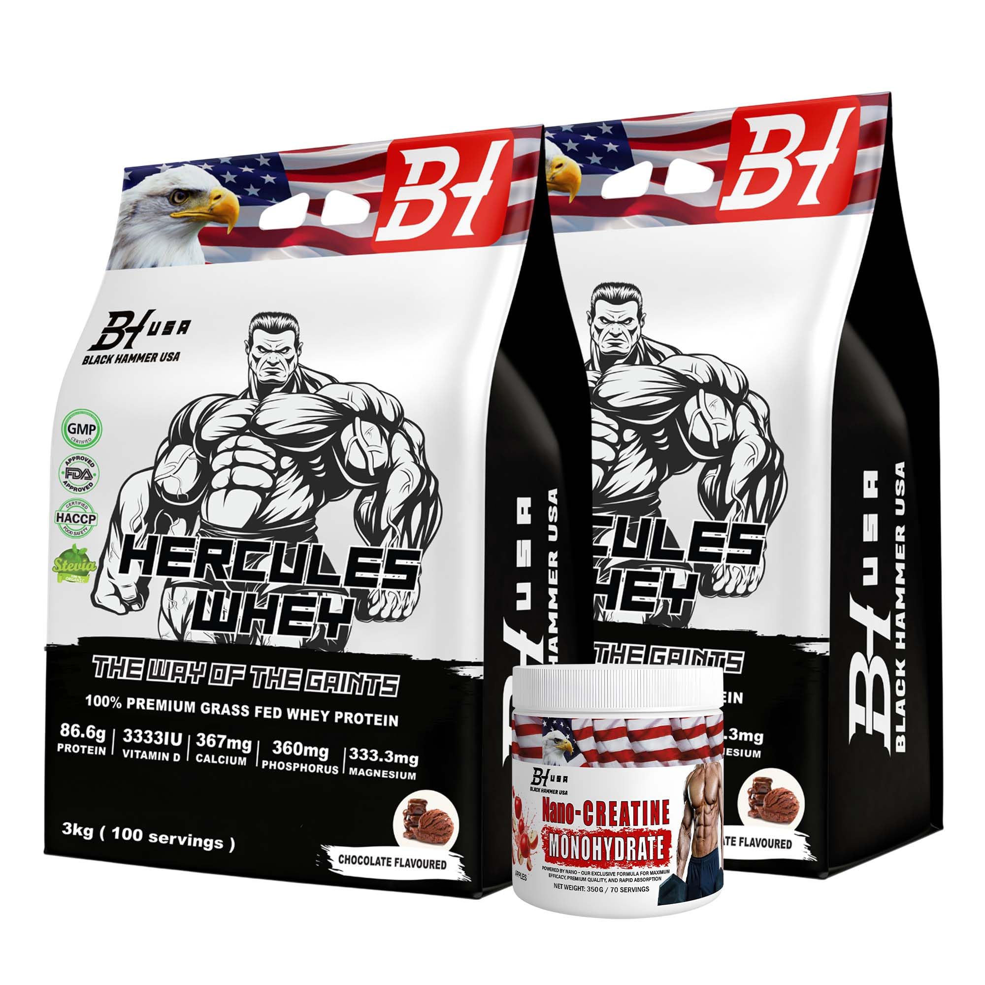 2-Pack Hercules Whey Protein 3KG Chocolate + Free Nano Creatine Apfel | 26g Protein per Serving | 200 Servings Total | Muscle Growth & Recovery | Black Hammer USA