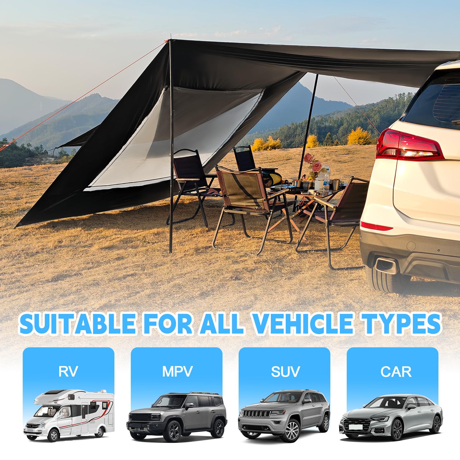 Auvent de camping imperméable et protection solaire pour van - 2,9 x 4,8 m - Avec poteau - Noir