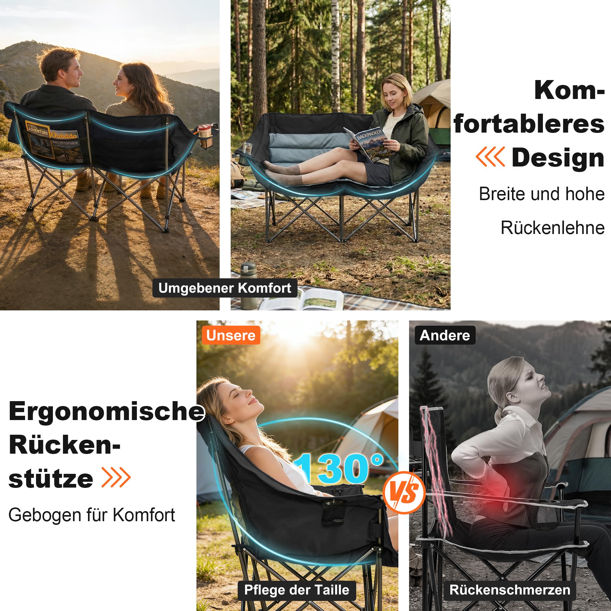 Coolfish Doppel Campingstuhl Faltbar, Klappstuhl Campingsofa für 2 Personen, Bequemes 2 Sitzer Camping Sofa mit Getränkehalter, Stabiler Outdoor Campingcouch Angelstuhl mit Kühltasche, Schwarz