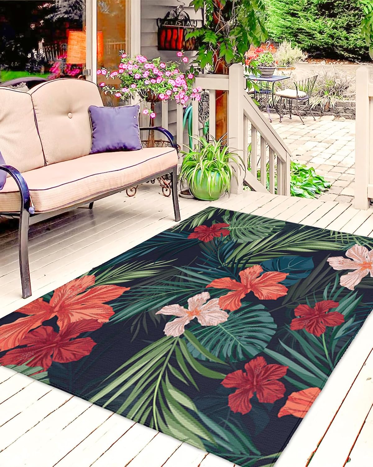 Outdoor Patio Rug Tropical Hawaiian Flowers Leaves Outdoor