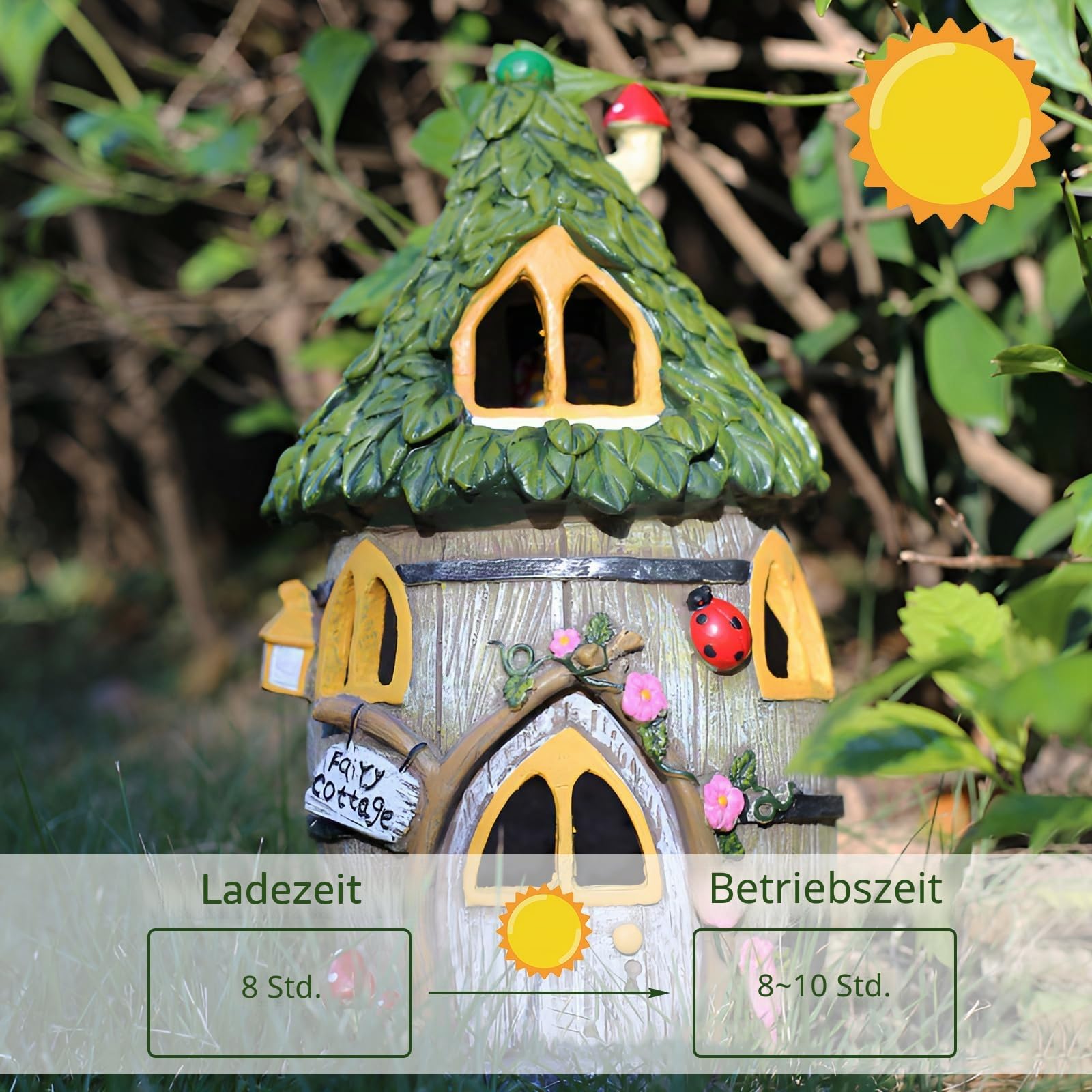Gartendeko für Draußen, Solar Feenhaus LED Gartenleuchten Pilzhaus, Fairy Tree House aus Harz, Wetterfeste Feenhäuser Deko Außen, Rasen, Hof, Terrasse, Balkon, Fensterbank, Feengarten (Stil 3)