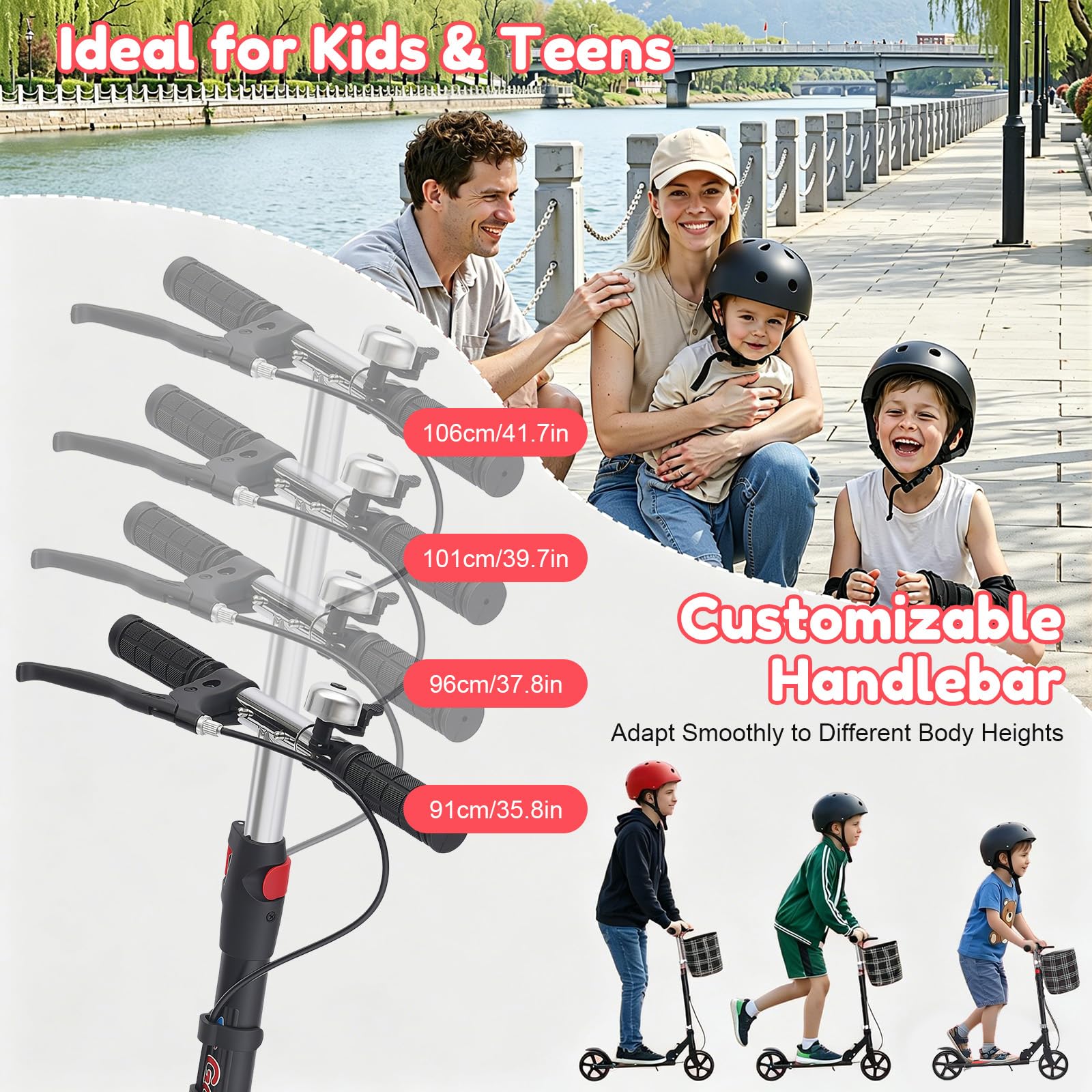 Patinete de ciudad plegable con cesta de almacenamiento y soporte de seguridad, patinete portátil plegable para desplazamientos, compras, capacidad de carga de hasta 150 kg