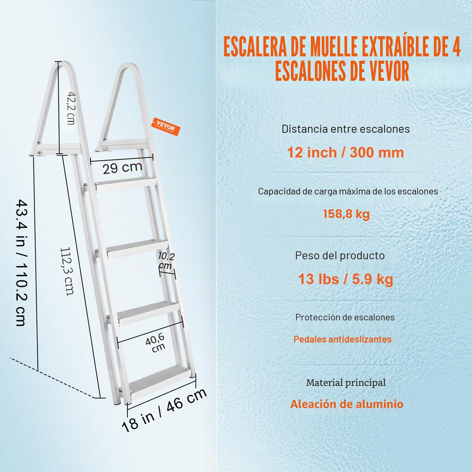 VEVOR Escalera de Muelle, 4 Escalones Extraíbles, Escalera de Pontón de Aleación de Aluminio con Escalón Pedales Antideslizantes Fácil de Instalar para Barco, Lago, Piscina, Embarque Marino