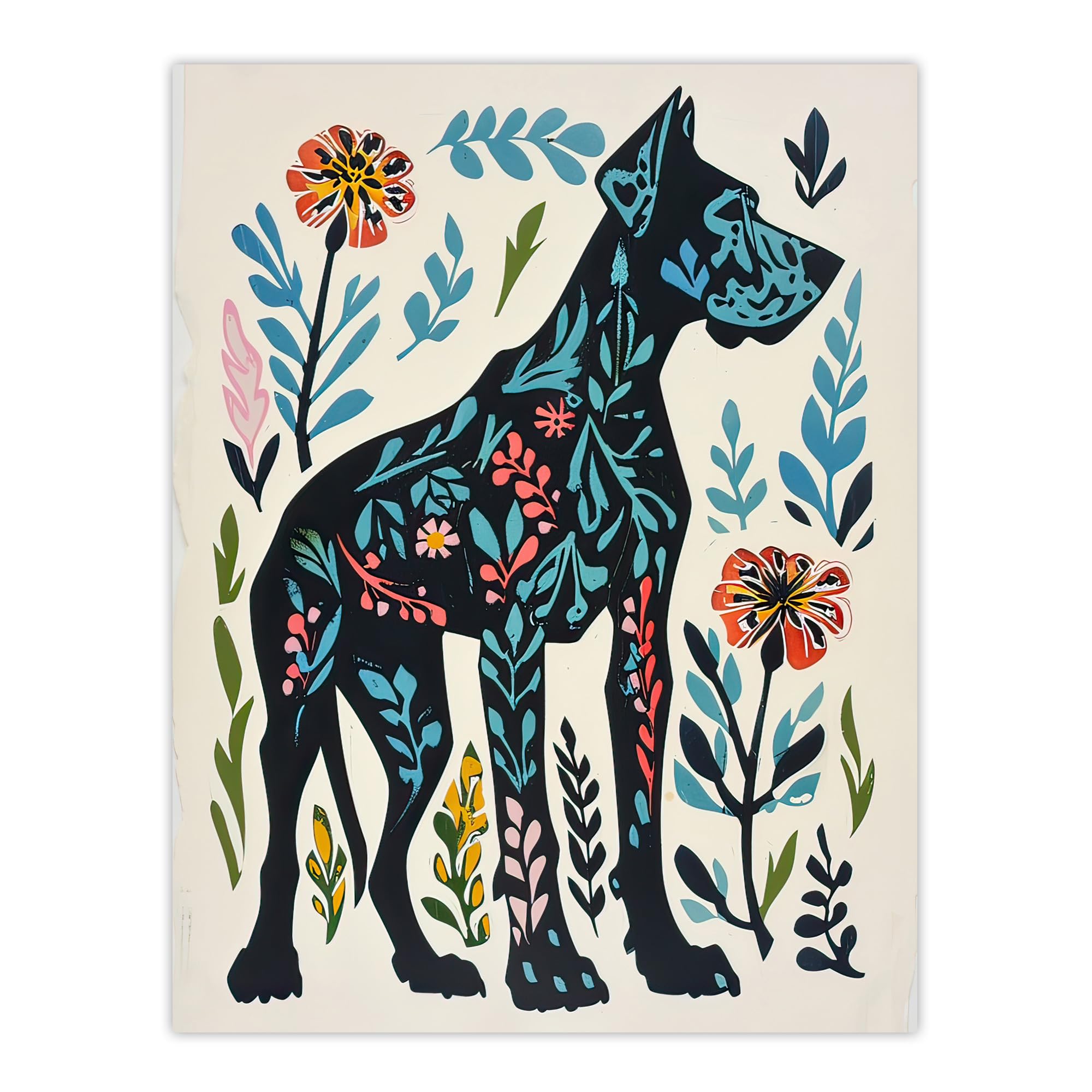 Artery8 Wall Art Print - Great Dane Dog Lover - Floral Folk Art - Blue - W18" x H24"