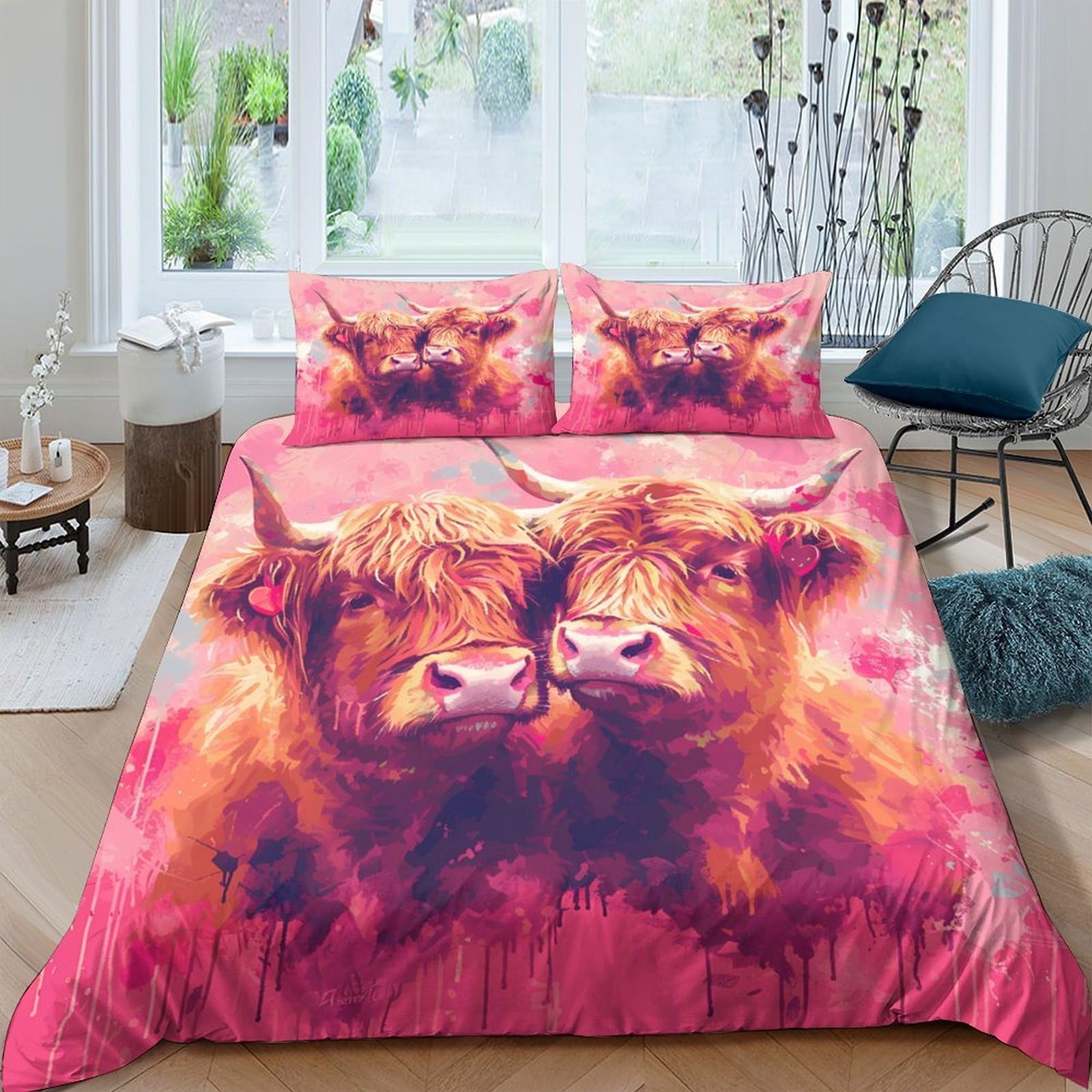 GPLZQXKJNH 3D Printed Highland Cow Duvet Cover Microfiber Soft Breathable Pasture Bedding Set with 2 Pillowcases for Bedroom Decor Single（135x200cm）