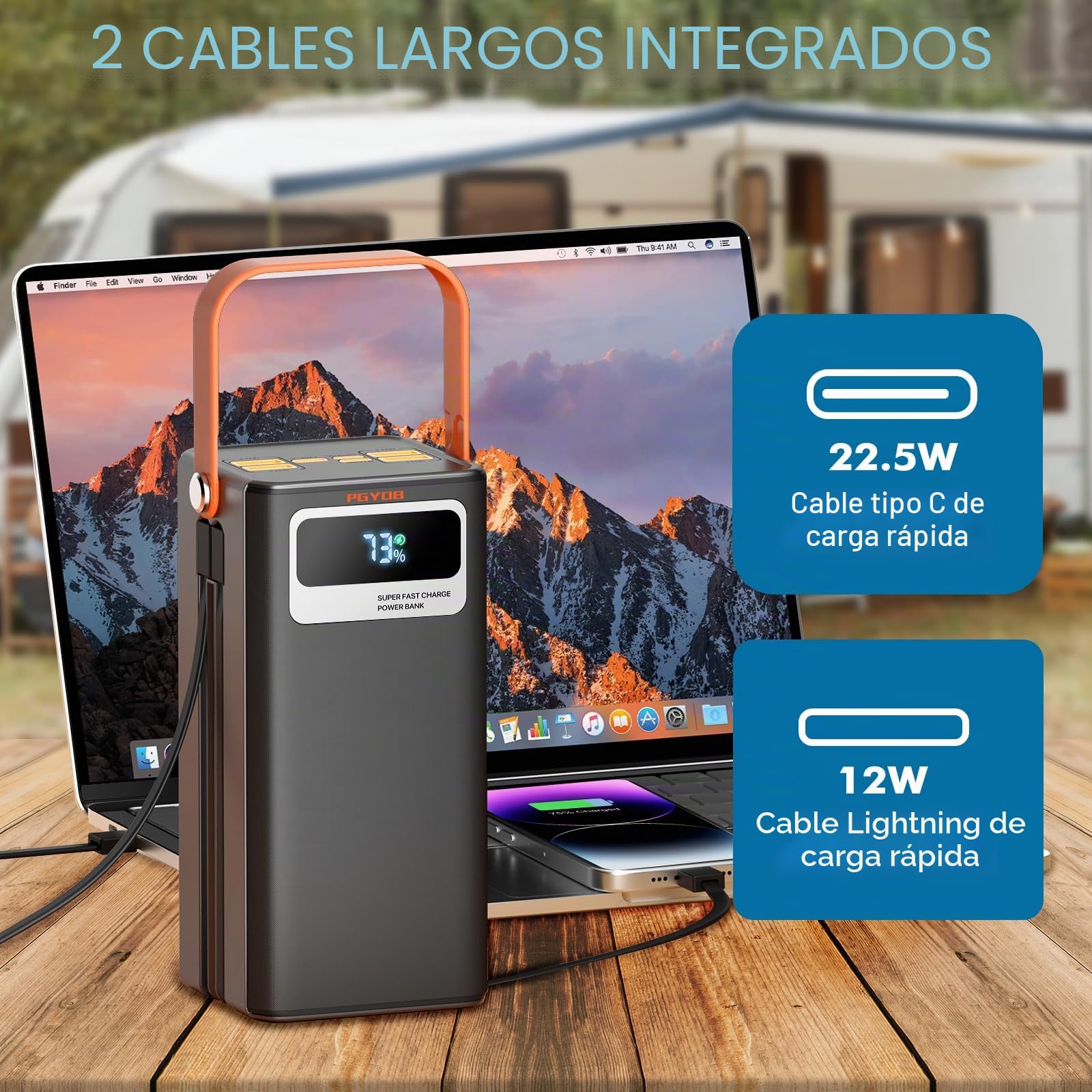 PGYOB Estación de energía portátil, generador de 27,000 mAh para exteriores, cable integrado, batería de respaldo para carga de teléfono, viajes y uso doméstico, camping