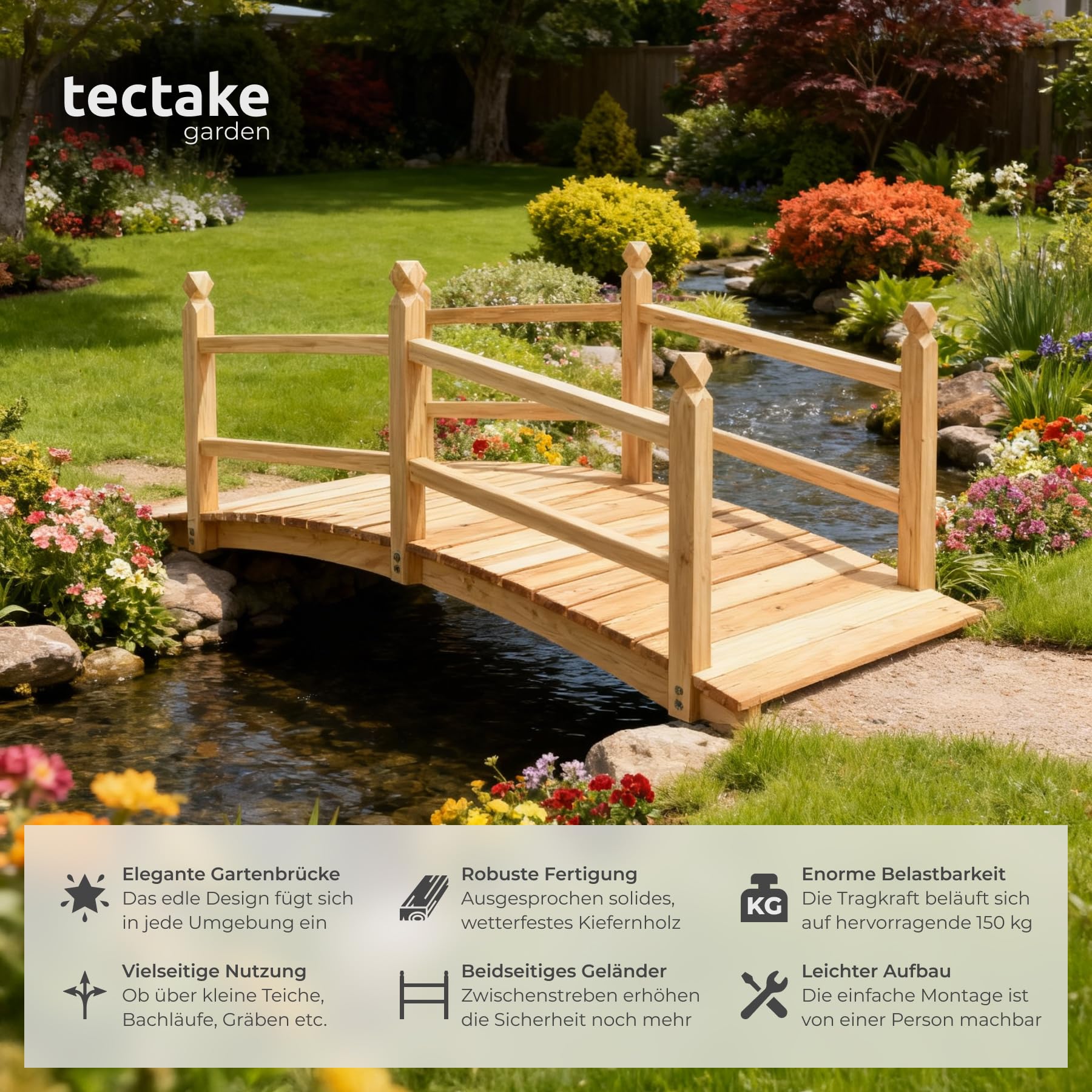 tectake® Holzbrücke, wetterfeste Brücke mit Geländer, begehbare Gartenbrücke bis 150 kg belastbar, 137 x 58 x 58 cm, Teichbrücke aus Kiefernholz, Zierbrücke für Gartenteich, Bachlauf, Gartenweg