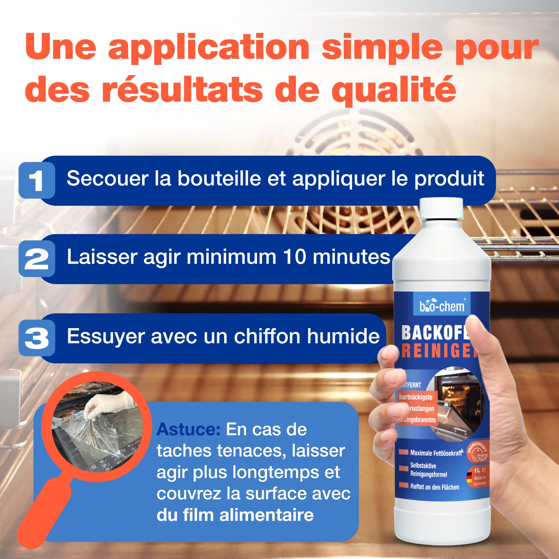 bio-chem Nettoyant four 1L + accessoires | Avec éponge, chiffon microfibres et pinceau - Dégraissant auto-nettoyant pour four, cuisine, barbecue