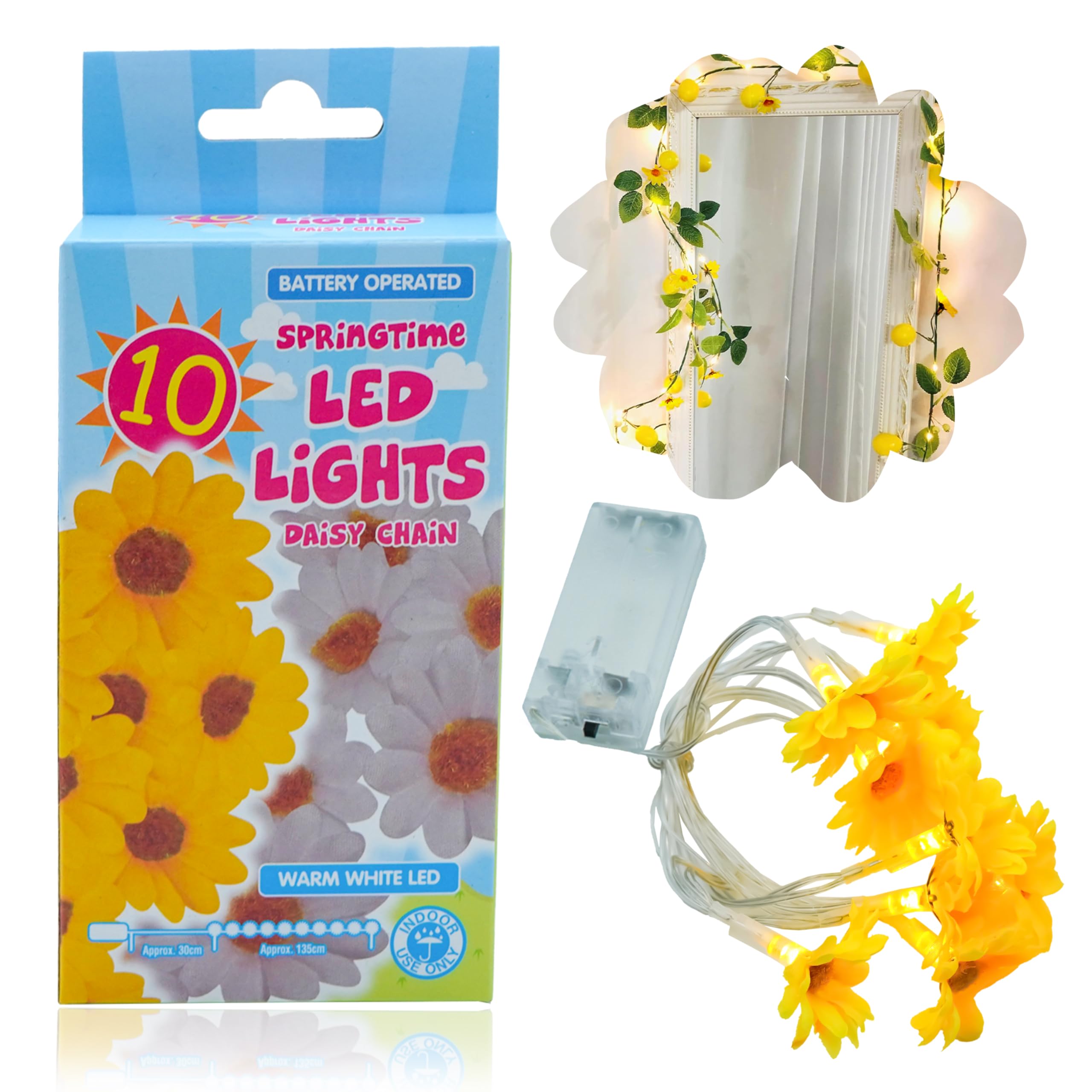 HOVUK 10 LED Yellow Daisy Fairy Lights 1.65m - Warm White Daisy String Lights, Garland Battery Operated Spring Decoration Indoor Use, Easter Party Decoration