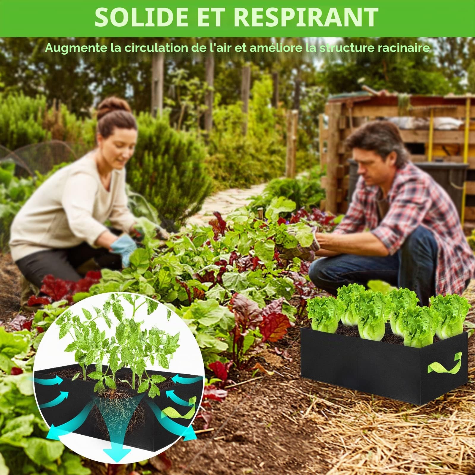 ANGELIOX Lot de 2 Sacs de Culture rectangulaires à 3 Compartiments, 400 g en Tissu épais de 400 g, Pots de Fleurs carrés Non tissés pour Fleurs, légumes, Fruits, Pots de Culture avec poignées