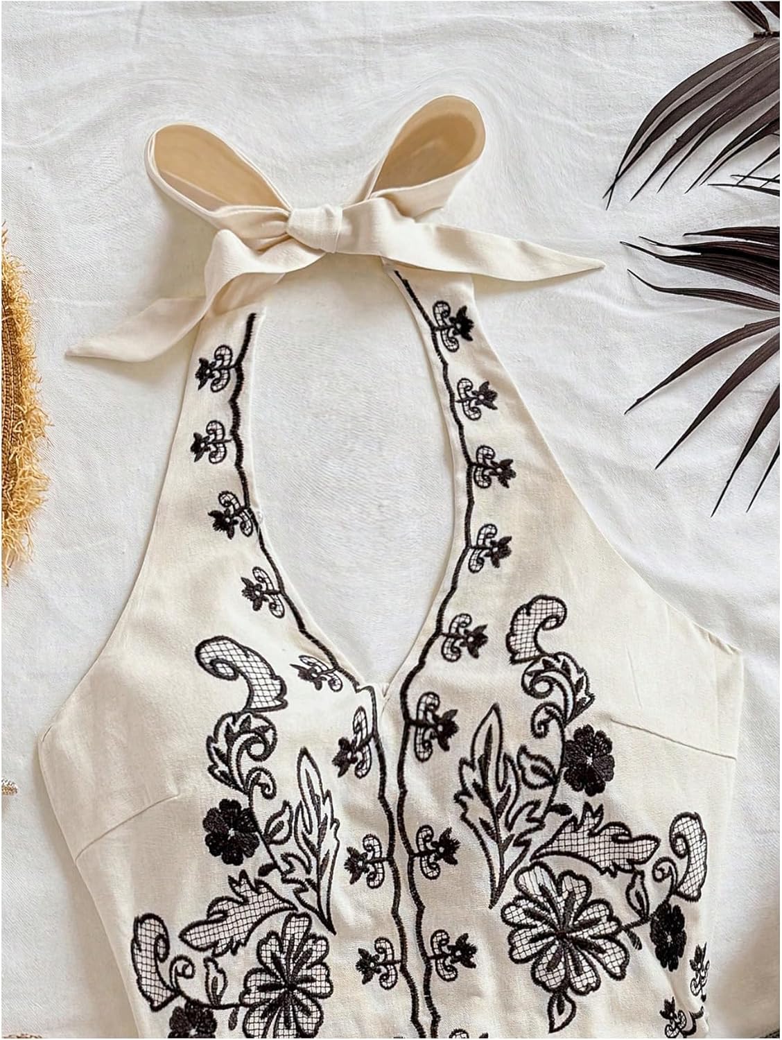 OYOANGLE Women's Floral Boho Summer Halter Crop Tops Embroidery Vacation Tank Top Tie Backless Vintage Going Out Tops - Image 4